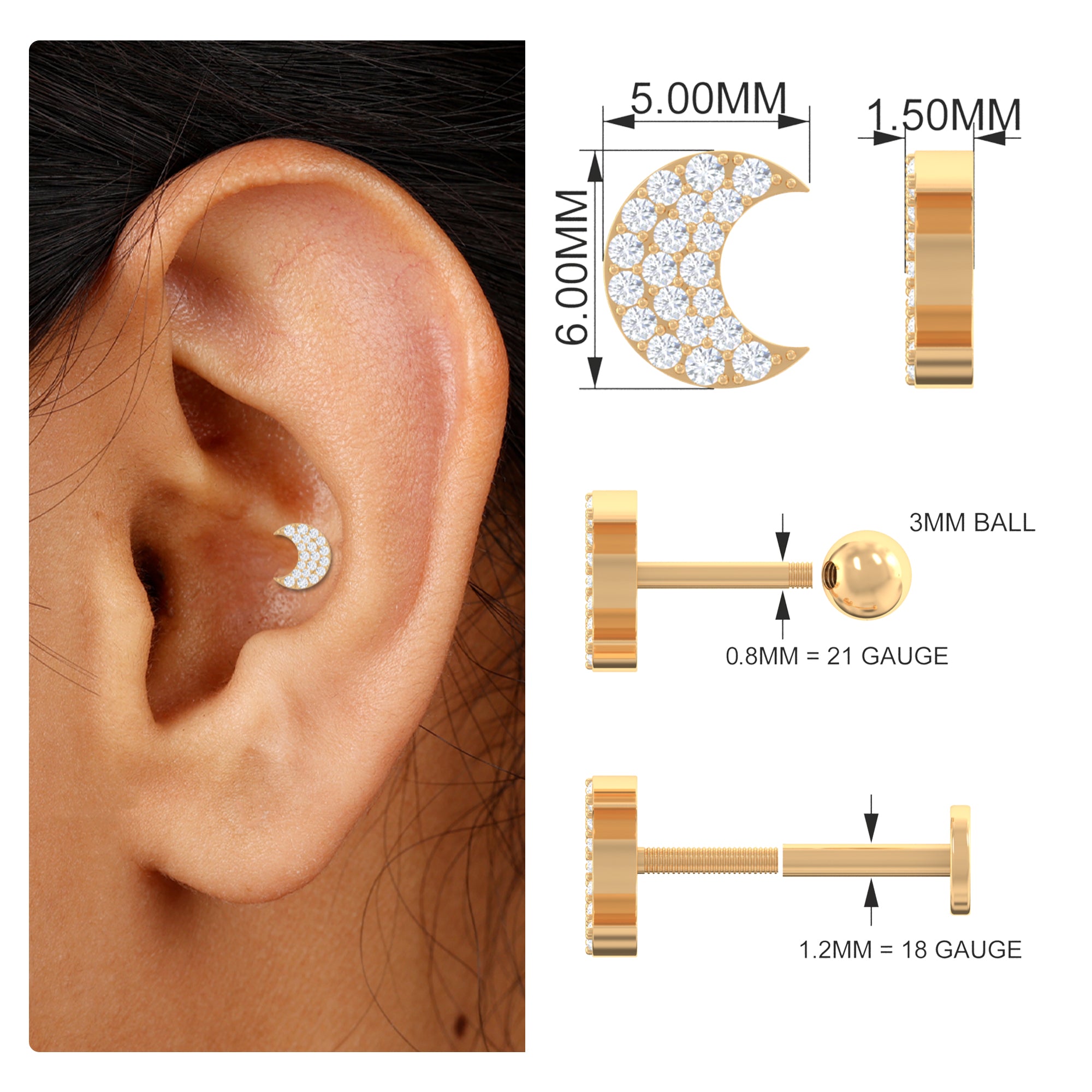 Rosec Jewels-Moissanite Half Moon Earring for Conch Piercing