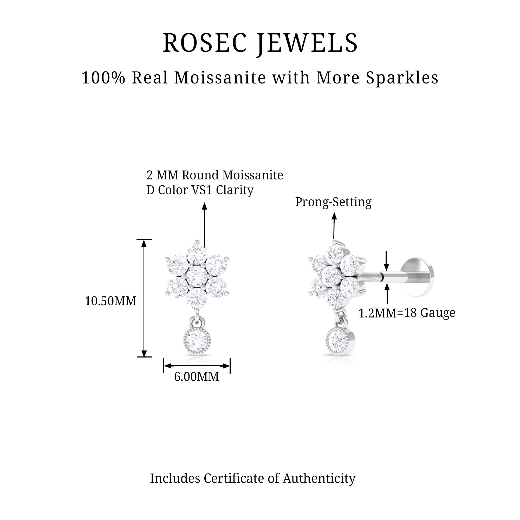 Rosec Jewels-Moissanite Floral Drop Earring for Cartilage Piercing