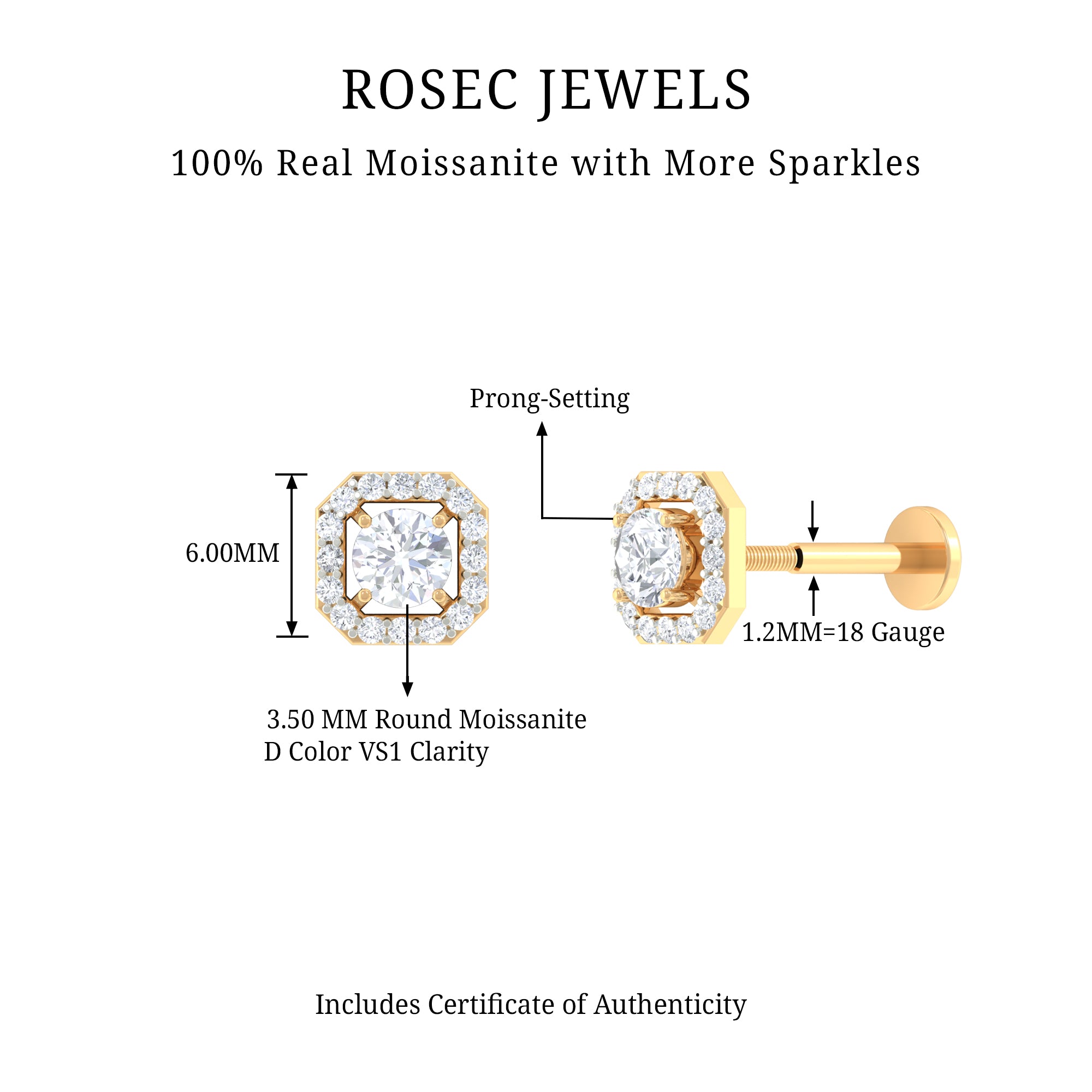 Rosec Jewels-Certified Moissanite Halo Earring for Helix Piercing