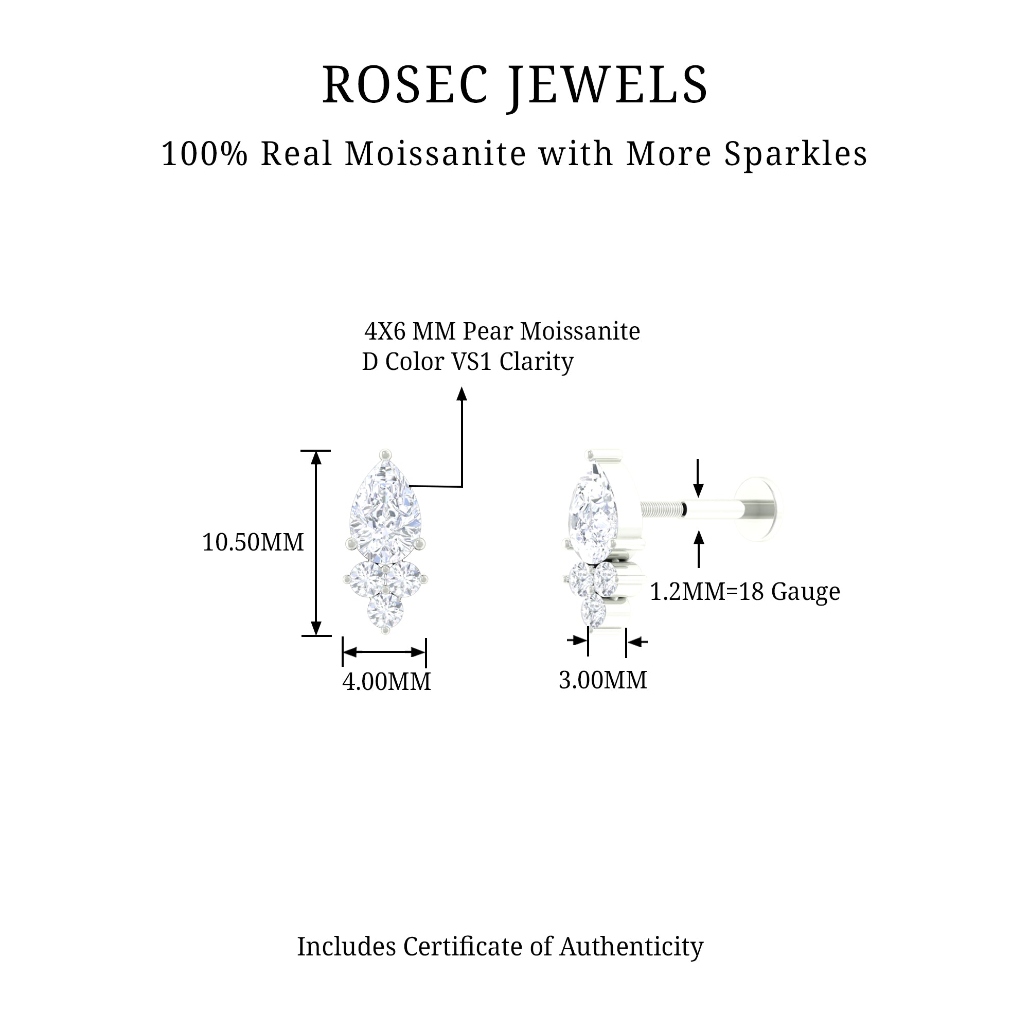 Rosec Jewels-Pear and Round Moissanite Cluster Cartilage Earring