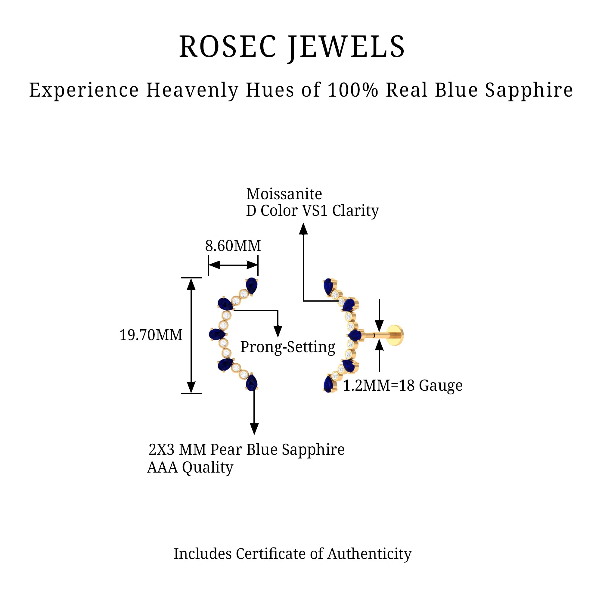 Rosec Jewels-Blue Sapphire and Moissanite Curved Crawler Earring