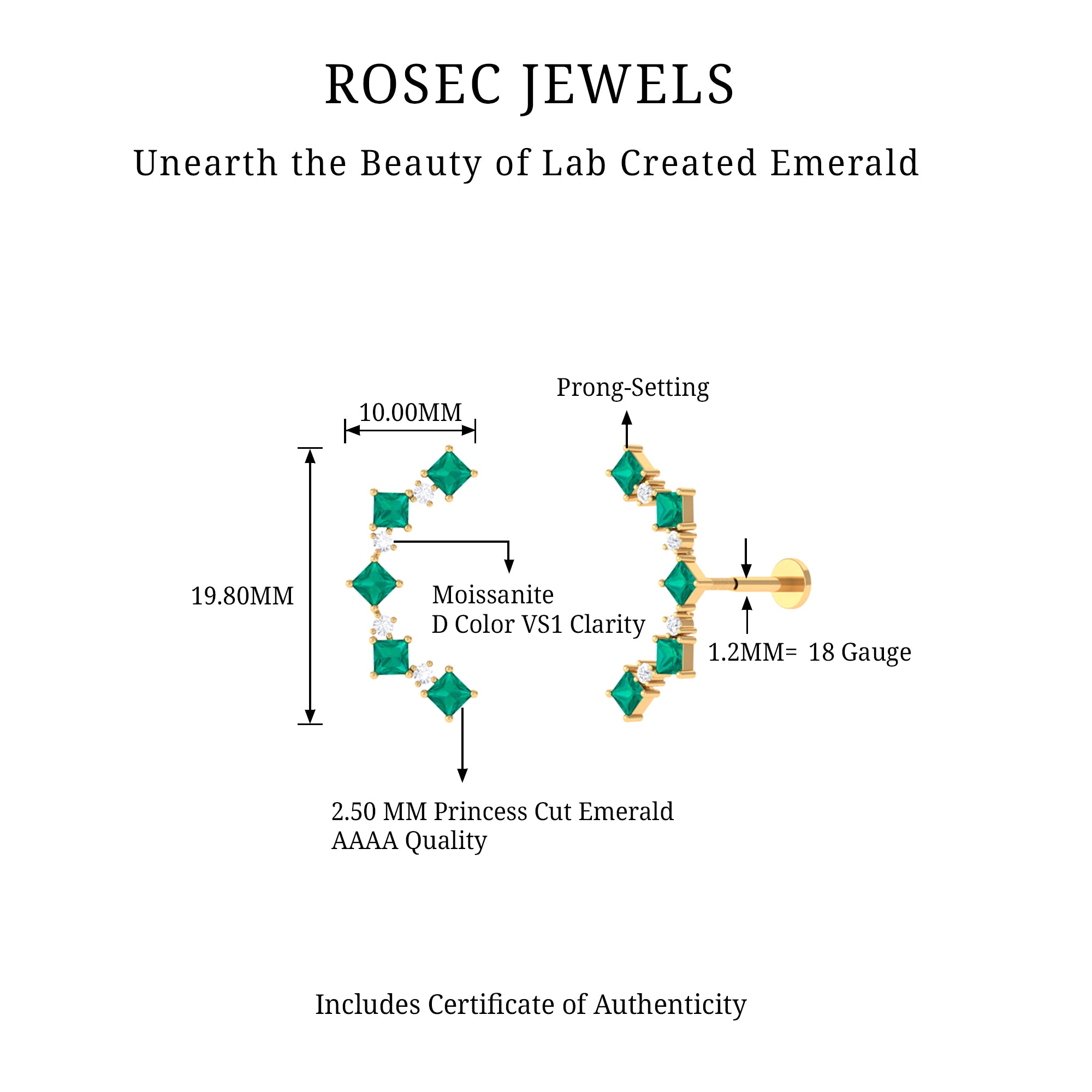 Created Emerald and Moissanite Curved Crawler Earring Lab Created Emerald - ( AAAA ) - Quality - Rosec Jewels