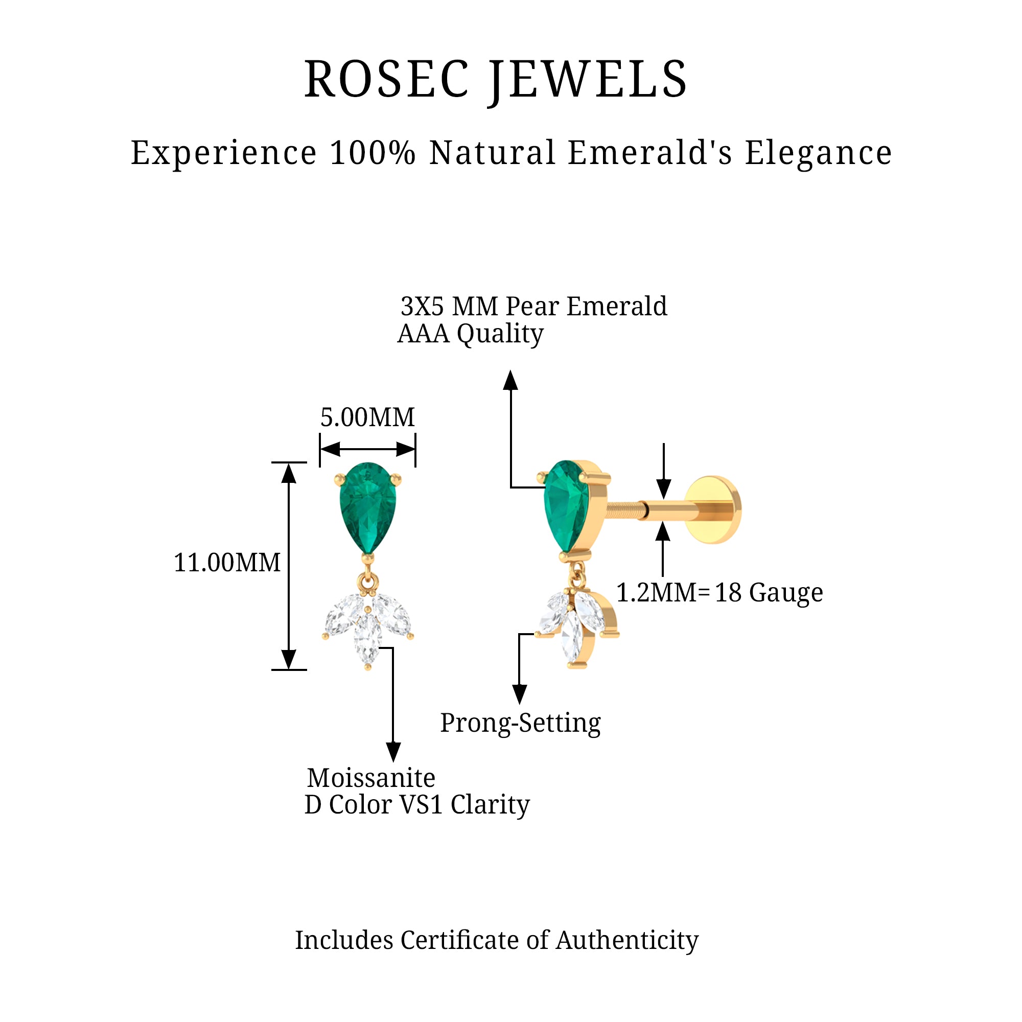 Rosec Jewels-Pear Cut Emerald and Moissanite Dangle Earring