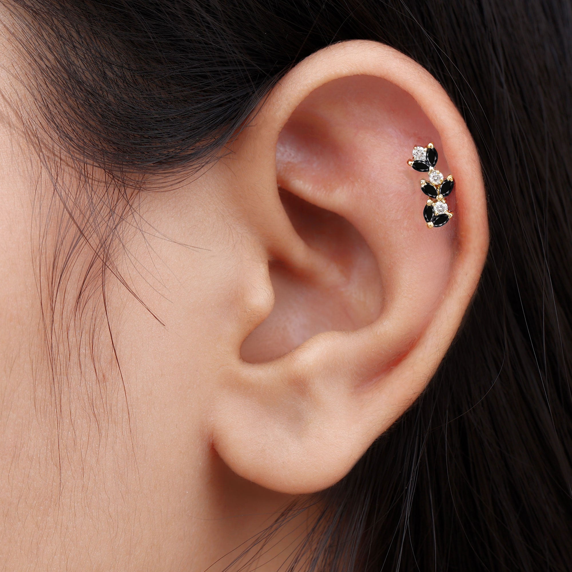 Rosec Jewels-Marquise Black Onyx and Moissanite Leaf Ear Crawler Earring