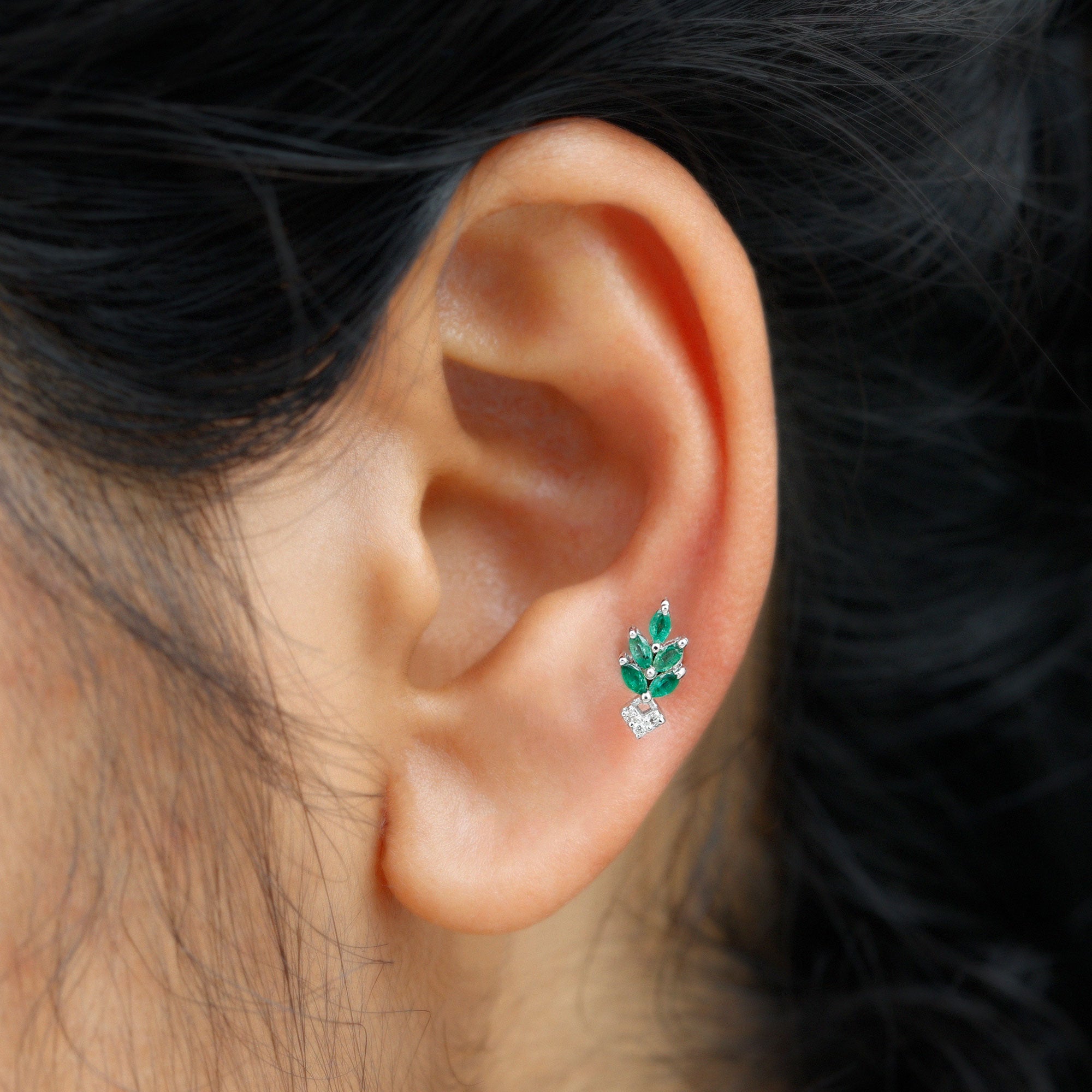 Rosec Jewels-Emerald and Diamond Leaf Cartilage Earring