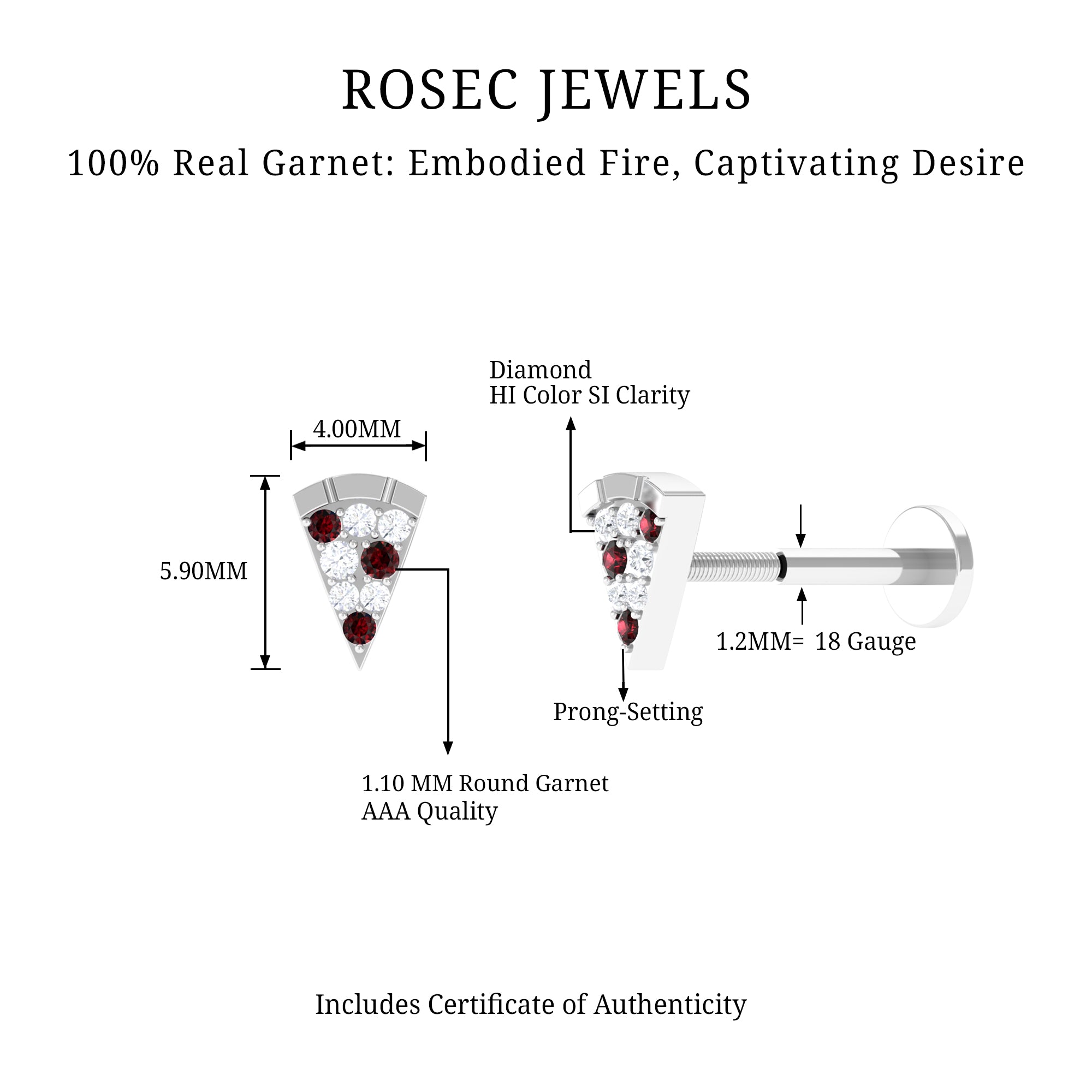 Rosec Jewels-Round Cut Garnet and Diamond Pizza Slice Helix Earring in Gold