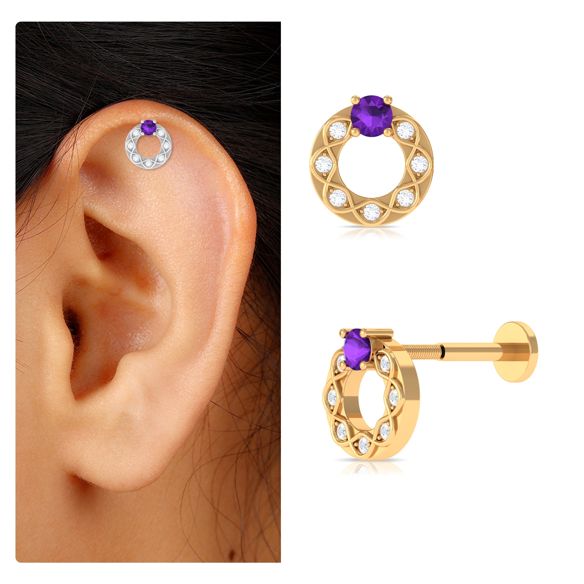 Rosec Jewels-Amethyst and Moissanite Open Circle Helix Earring in Gold