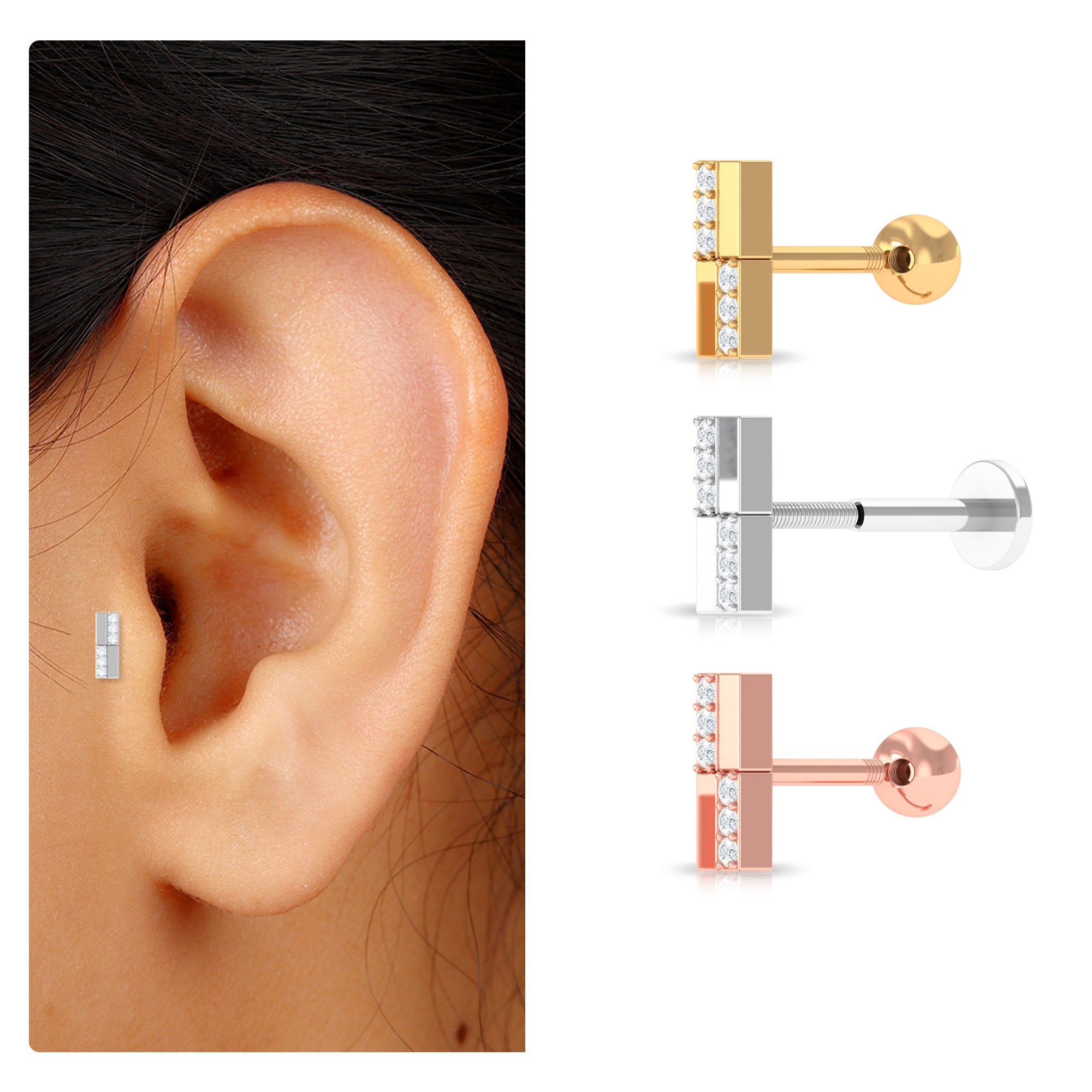 Rosec Jewels-Simple Diamond Gold Bar Earring for Tragus Piercing