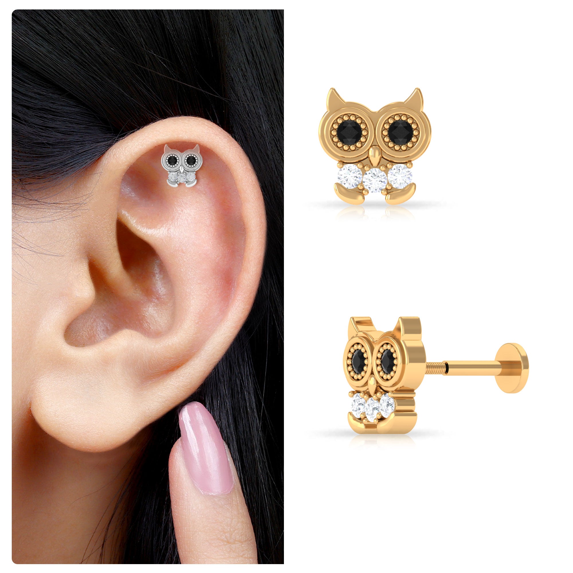 Rosec Jewels-Black Diamond and Moissanite X Cartilage Earring in Gold