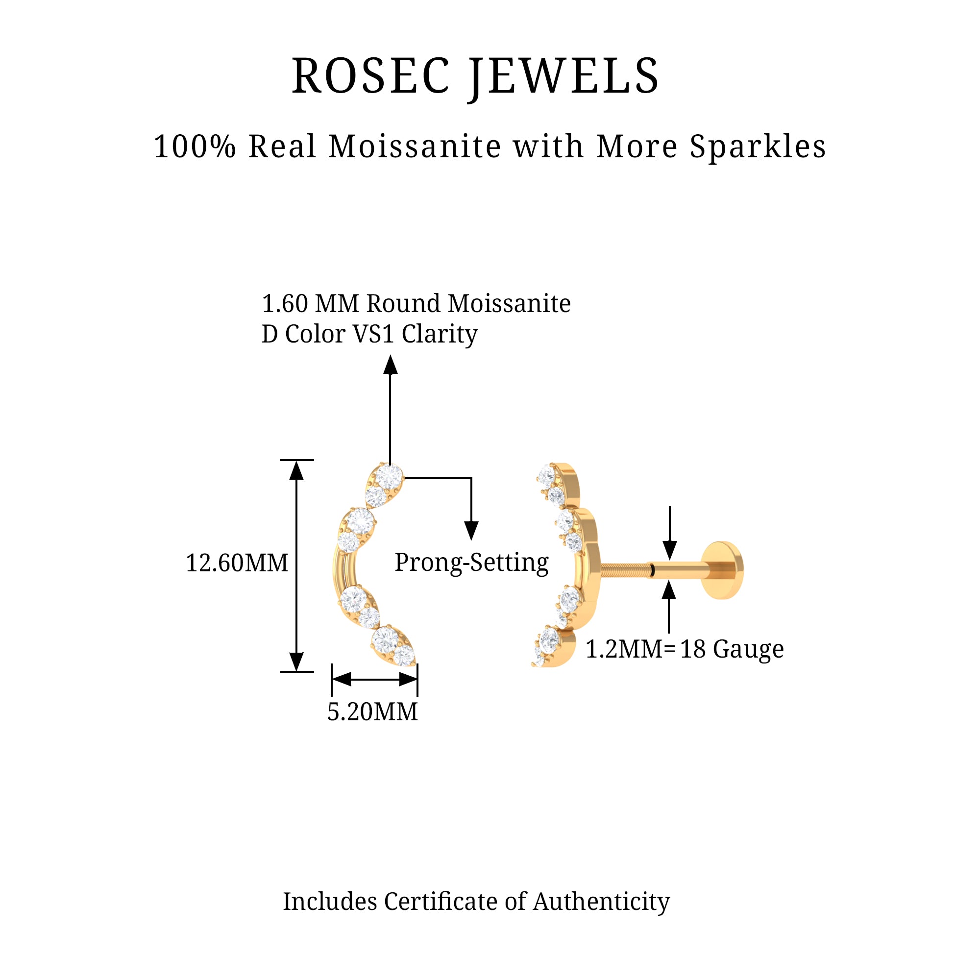 Rosec Jewels-Certified Moissanite Curved Helix Earring in Gold