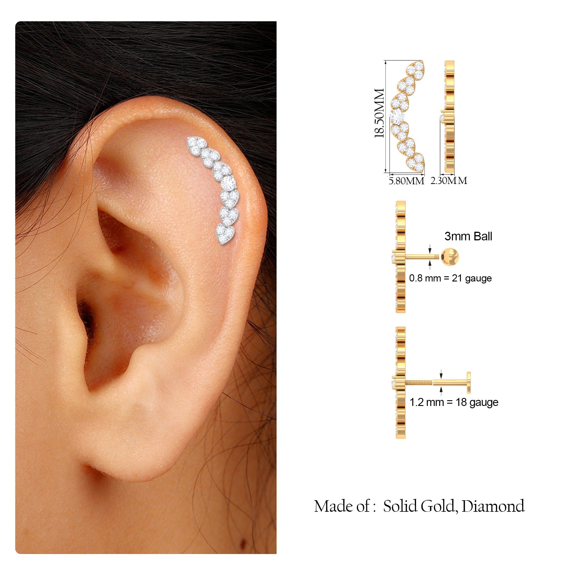 Rosec Jewels-Moissanite Heart Earring for Cartilage Piercing