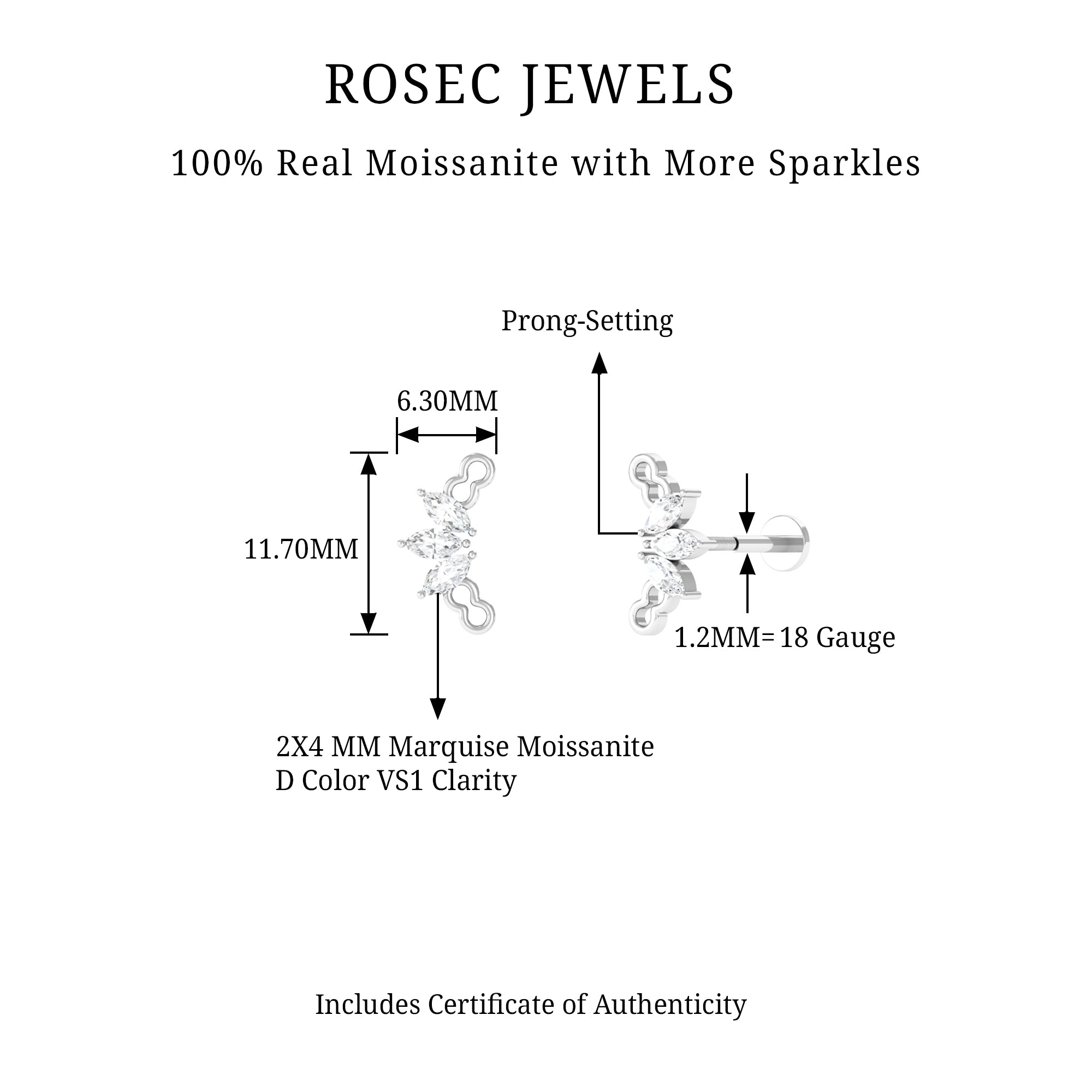 Rosec Jewels-Marquise Moissanite 3 Stone Crawler Earring for Helix Piercing