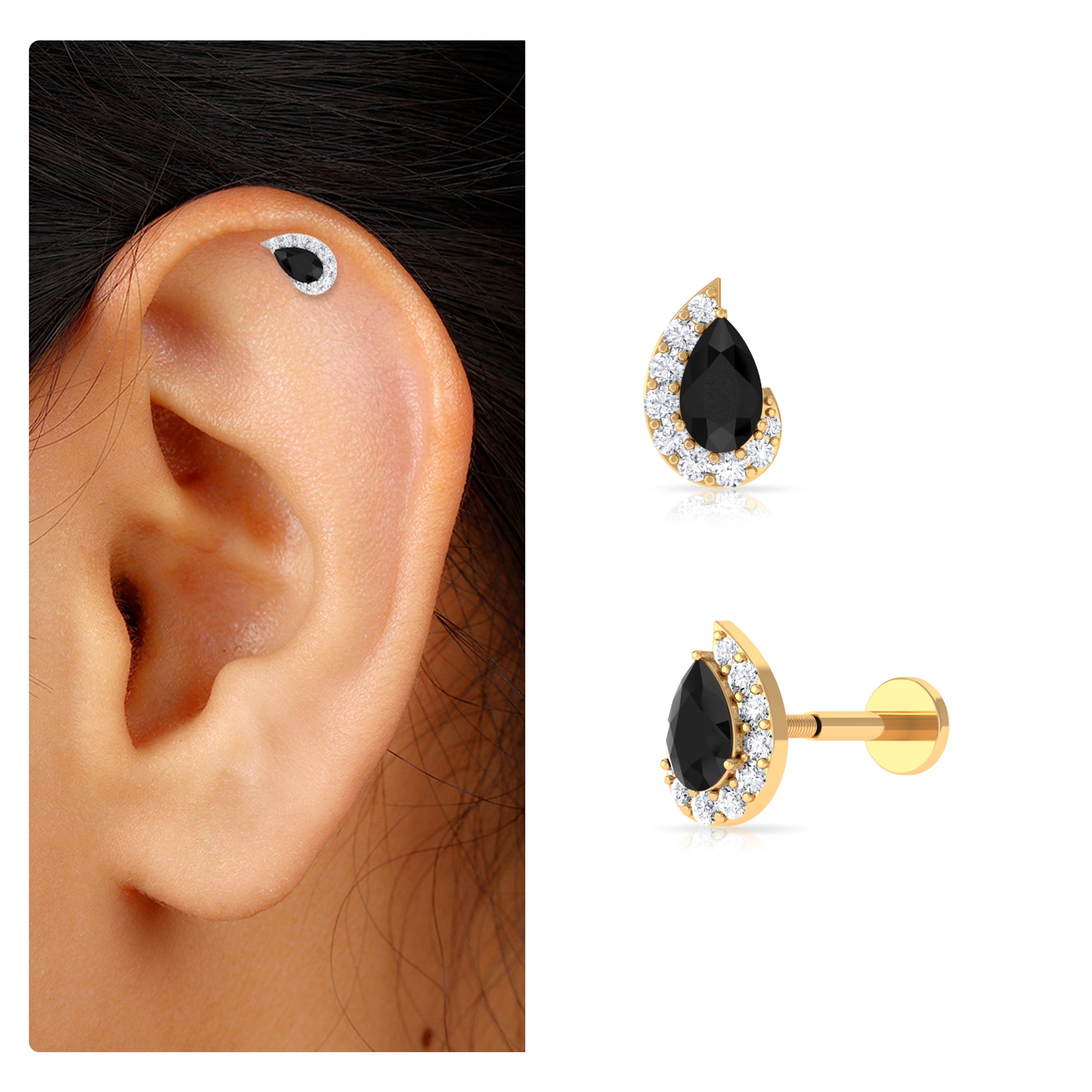 Rosec Jewels-Black Onyx Teardrop Helix Earring with Moissanite