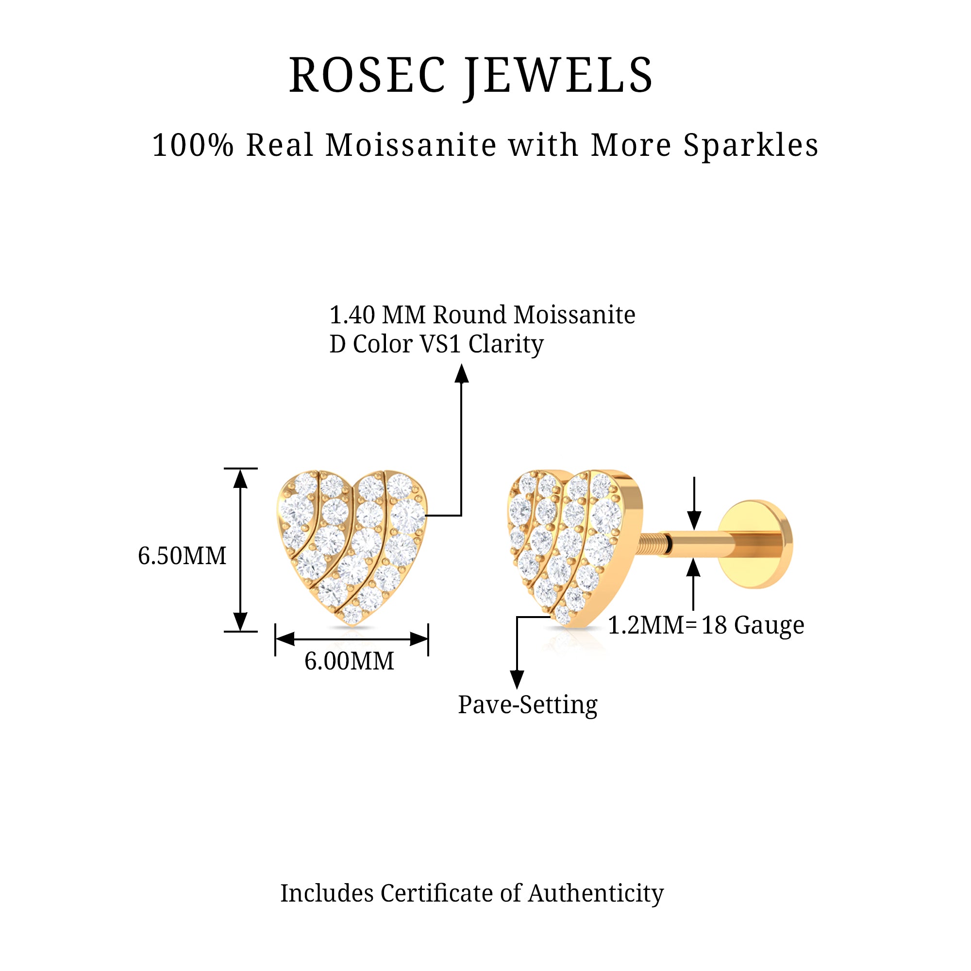 Rosec Jewels-Moissanite Gold Heart Earring for Cartilage Piercing