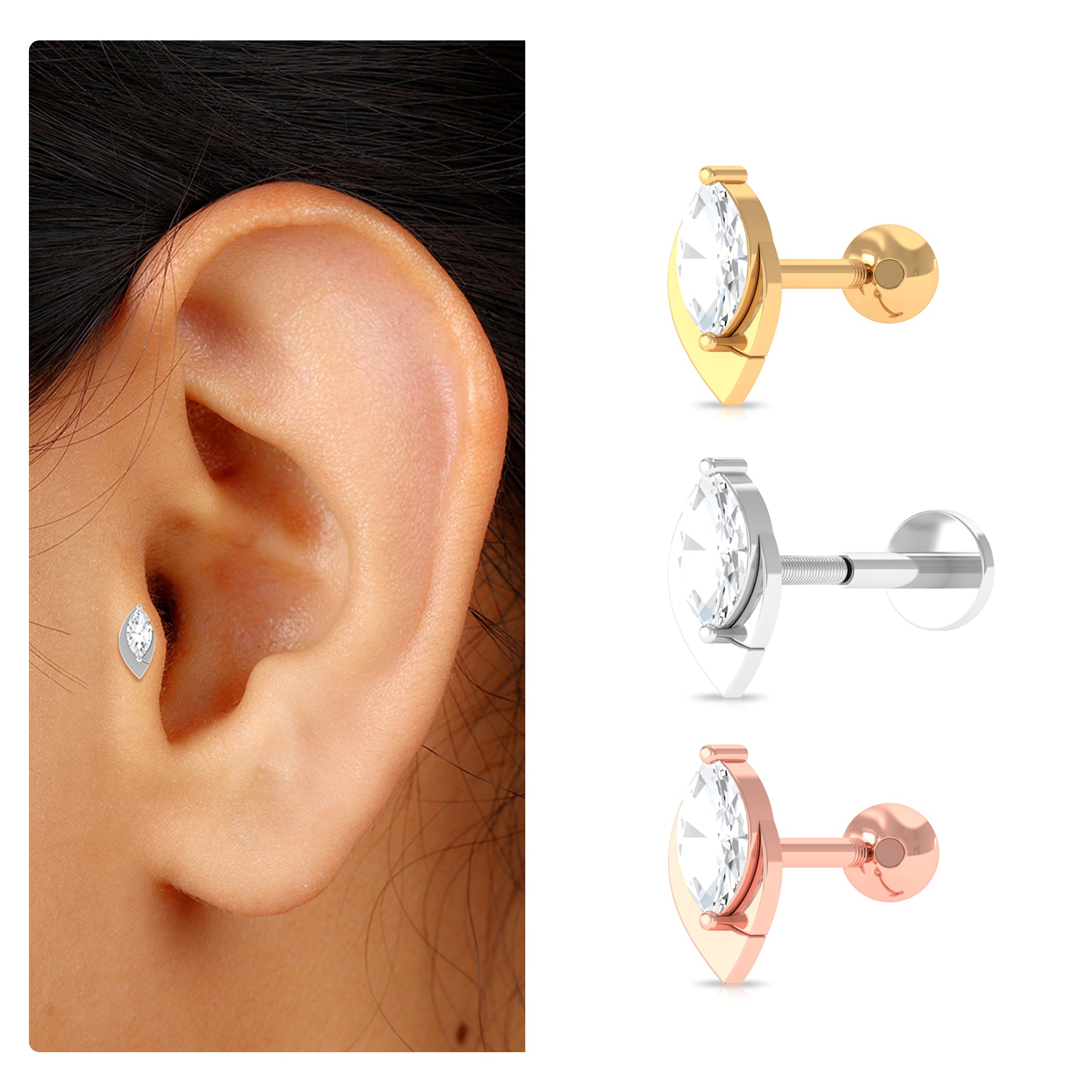 Rosec Jewels-Marquise Moissanite Simple Gold Tragus Earring