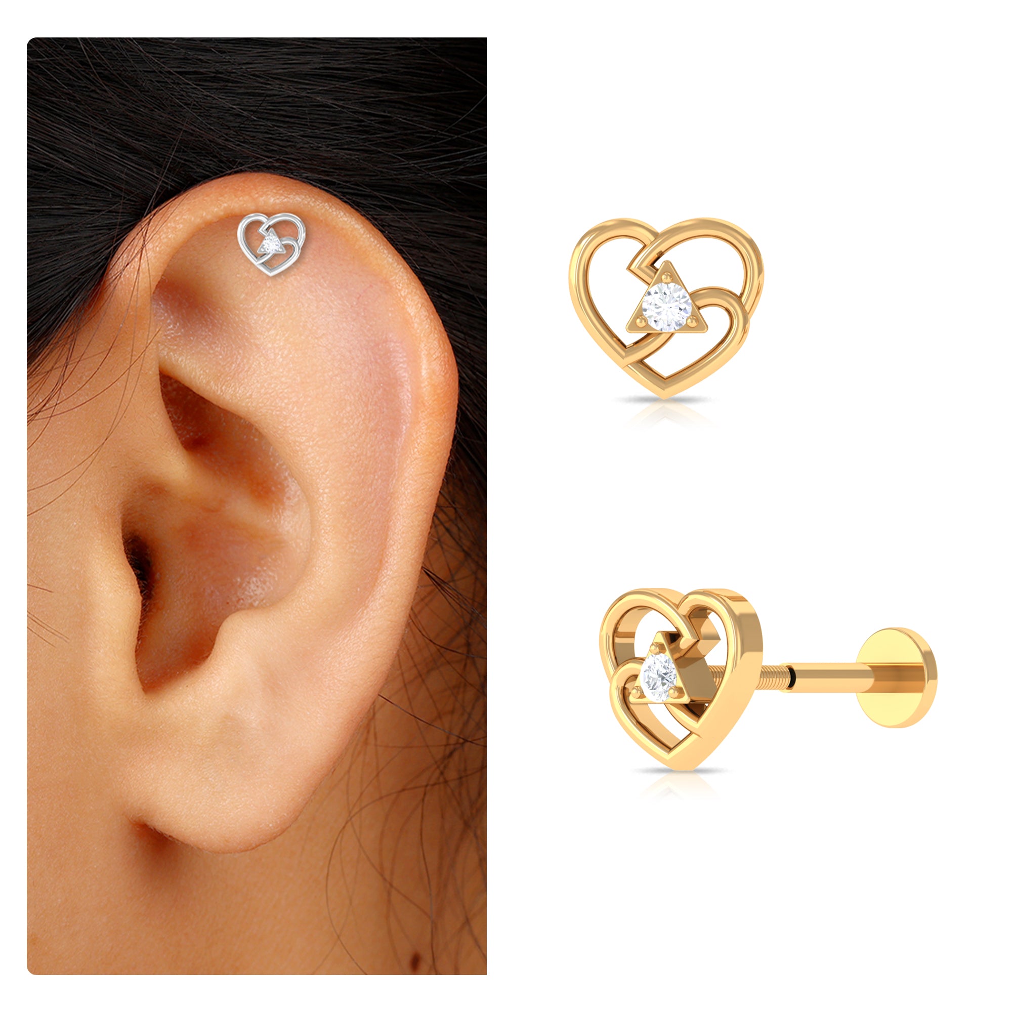 Rosec Jewels-Real Diamond Unique Heart Earring for Upper Lobe Piercing