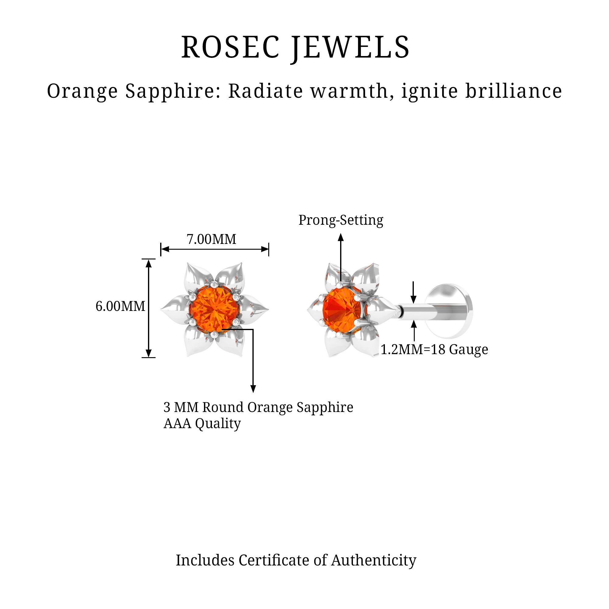 Rosec Jewels-Round Orange Sapphire Flower Cartilage Earring