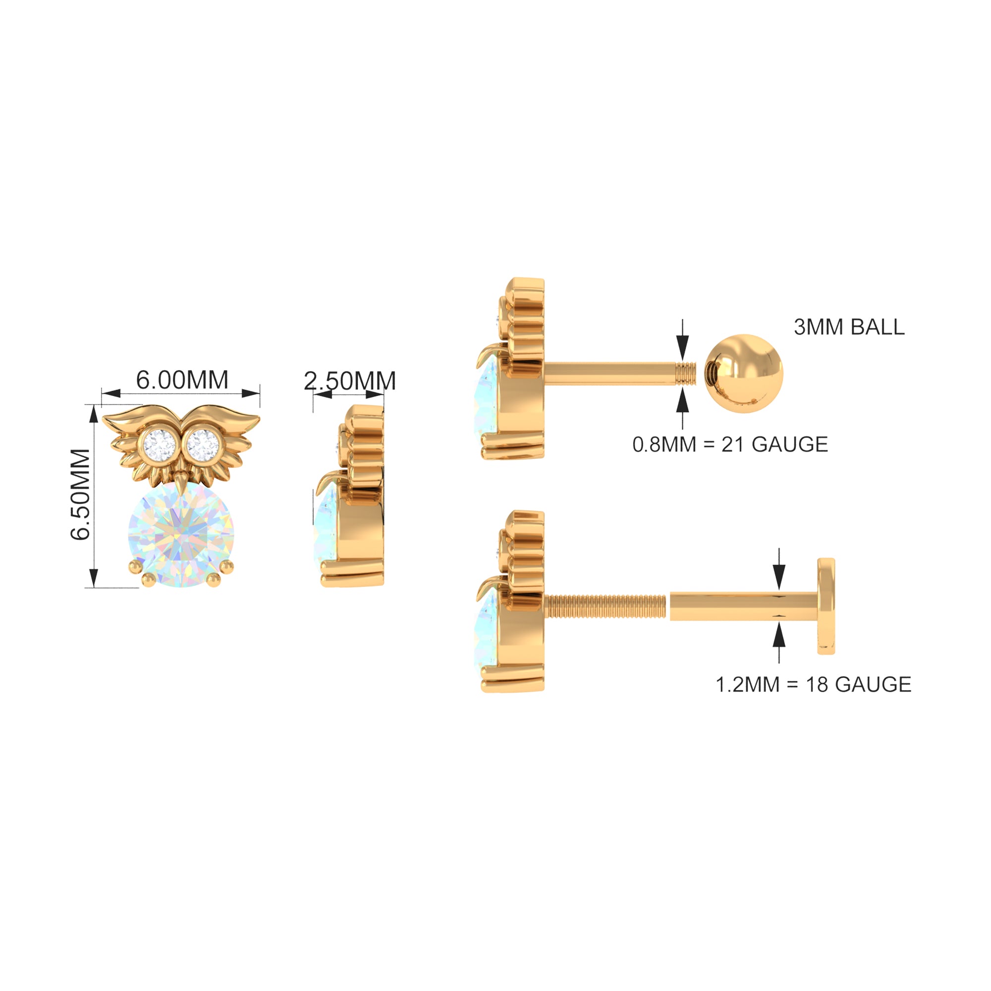 Rosec Jewels-Ethiopian Opal and Diamond Owl Cartilage Earring in Gold