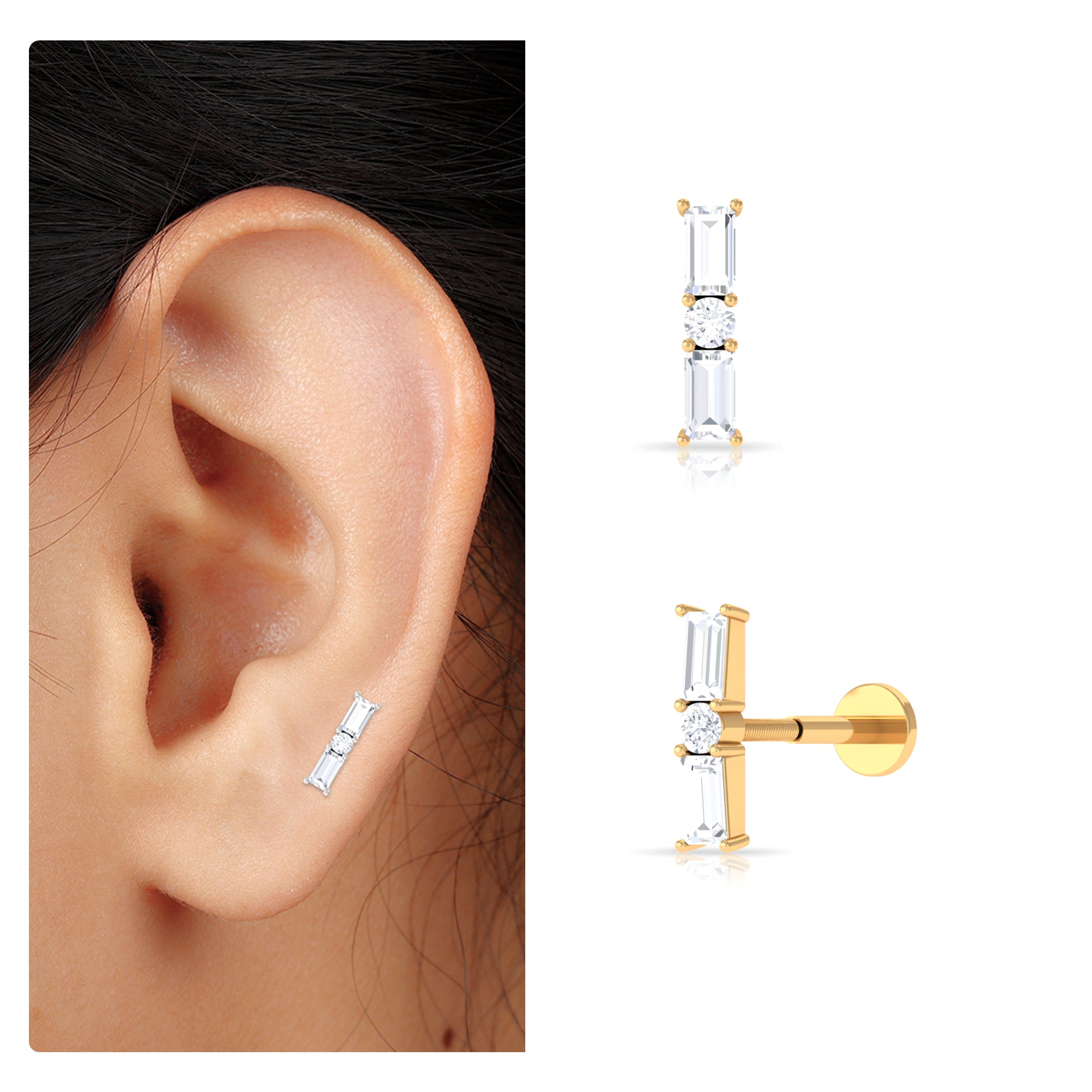 Rosec Jewels-Elegant Baguette and Round Moissanite Bar Helix Earring