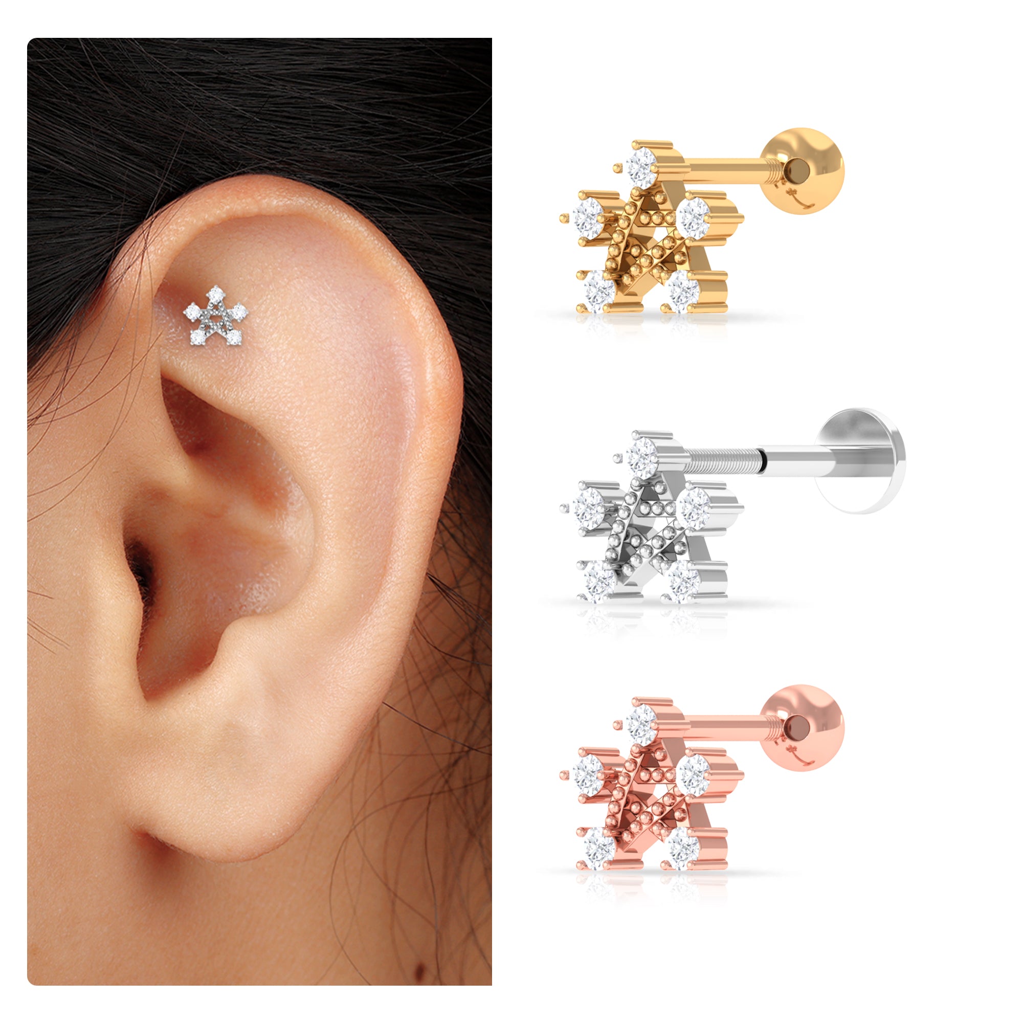 Rosec Jewels-Round Moissanite Gold Star Earring for Helix Piercing