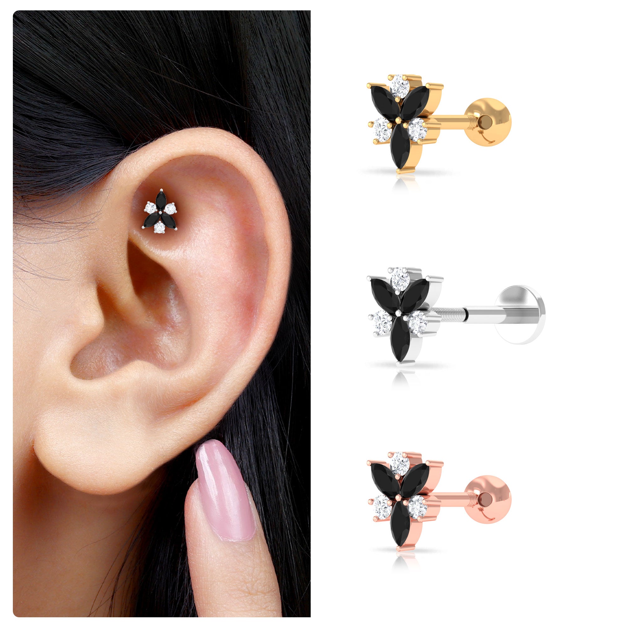 Rosec Jewels-Black Onyx and Moissanite Flower Earring for Helix Piercing