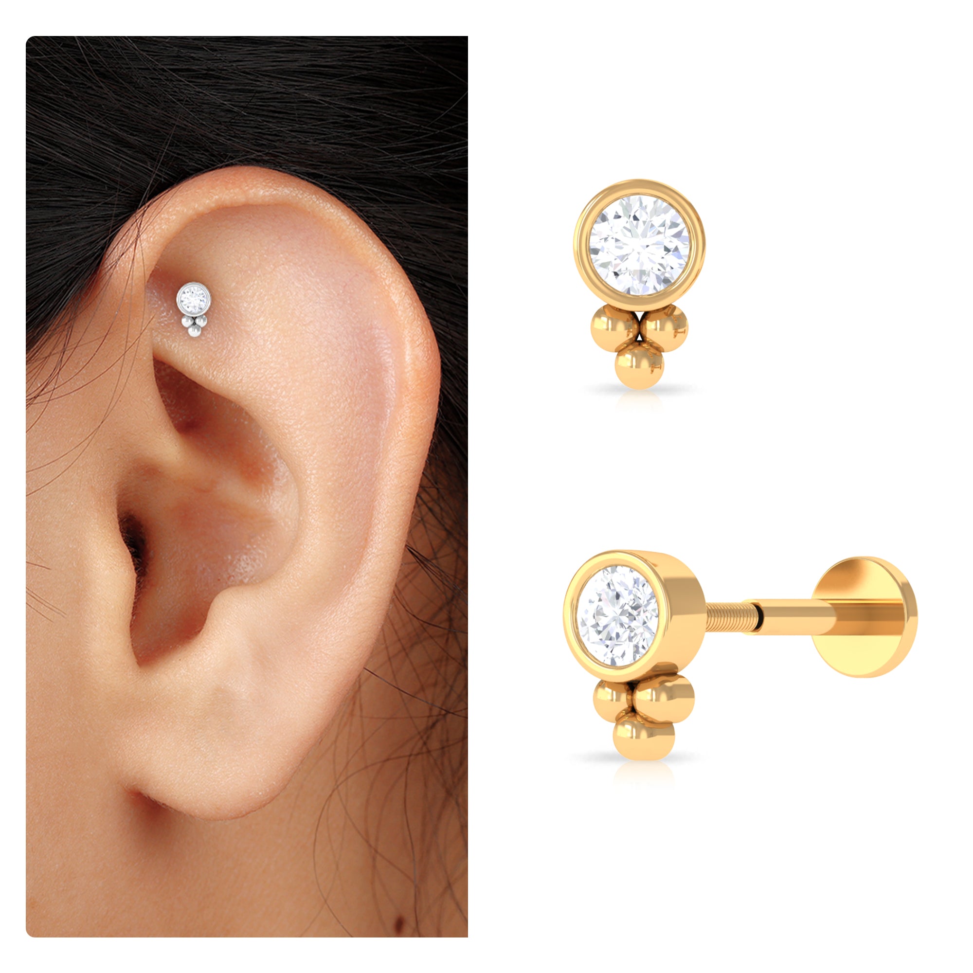 Rosec Jewels-Minimalist Moissanite Gold Beaded Helix Earring in Bezel Setting