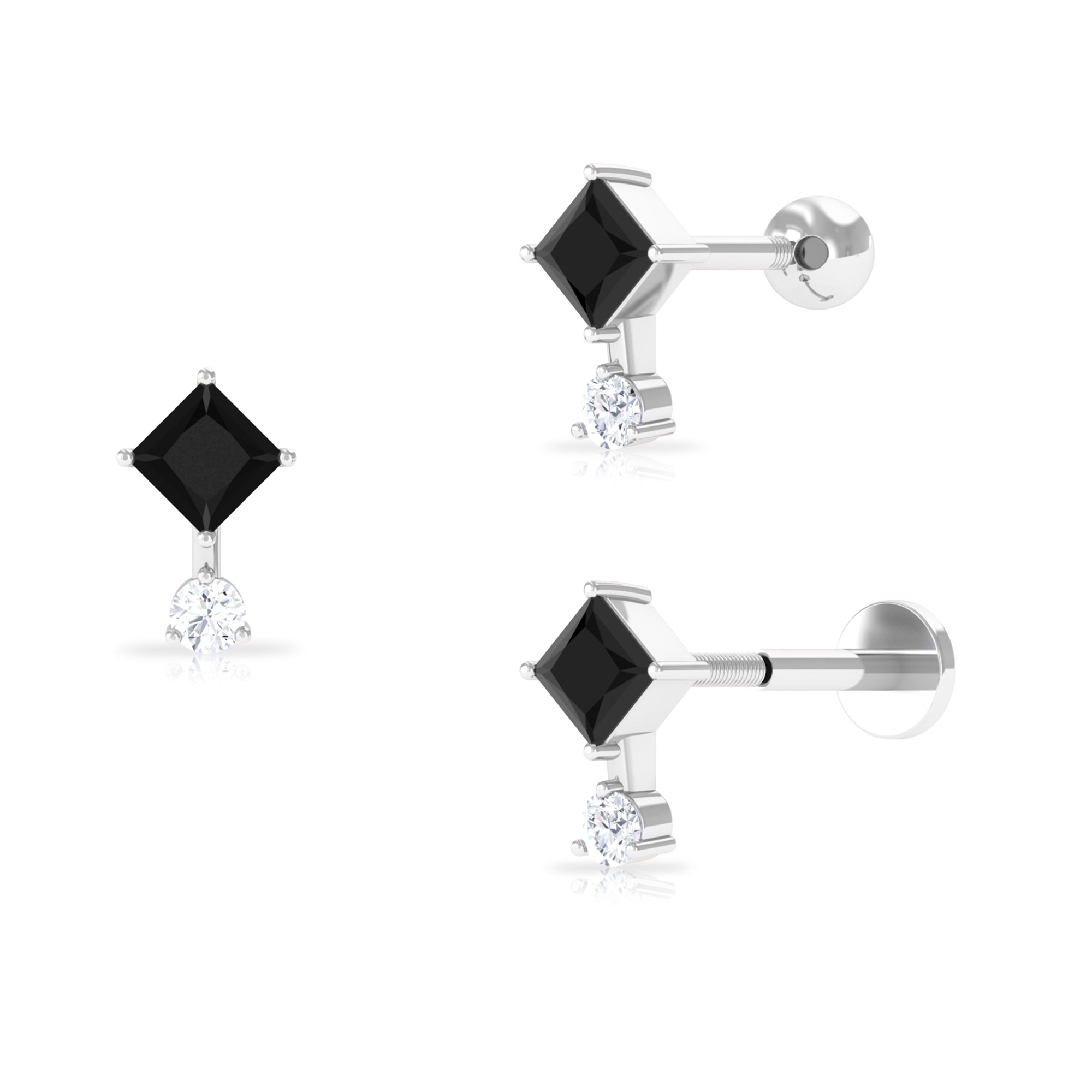 Rosec Jewels-Princess Cut Black Onyx Two Stone Tragus Earring with Diamond