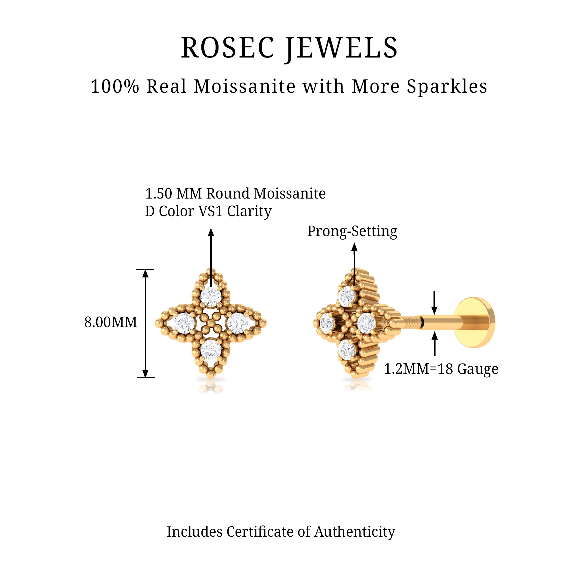 Rosec Jewels-Moissanite Flower Cartilage Earring with Beaded Gold