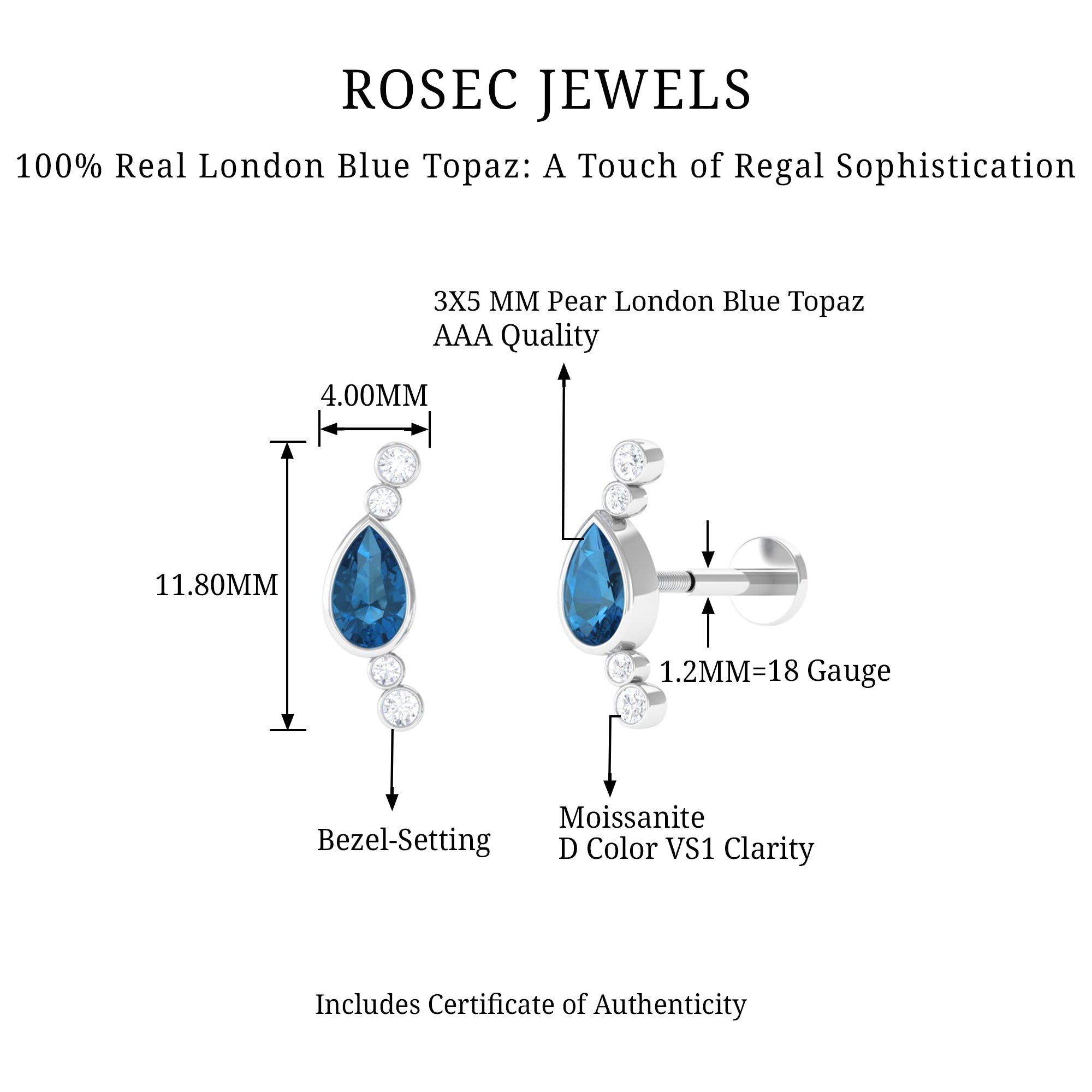 Rosec Jewels-Pear London Blue Topaz Crawler Earring with Moissanite