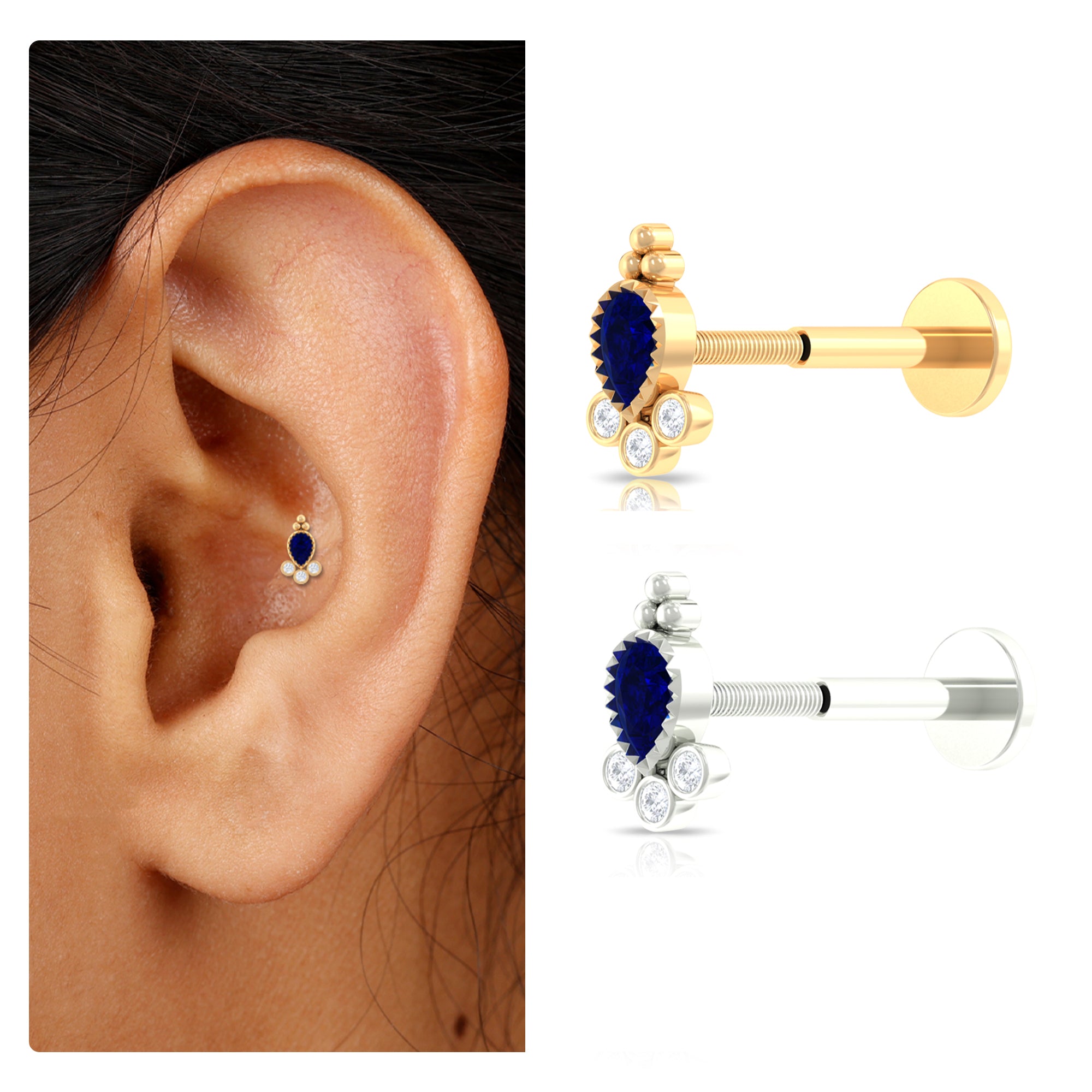 Rosec Jewels-Vintage Style Blue Sapphire and Moissanite Tragus Earring