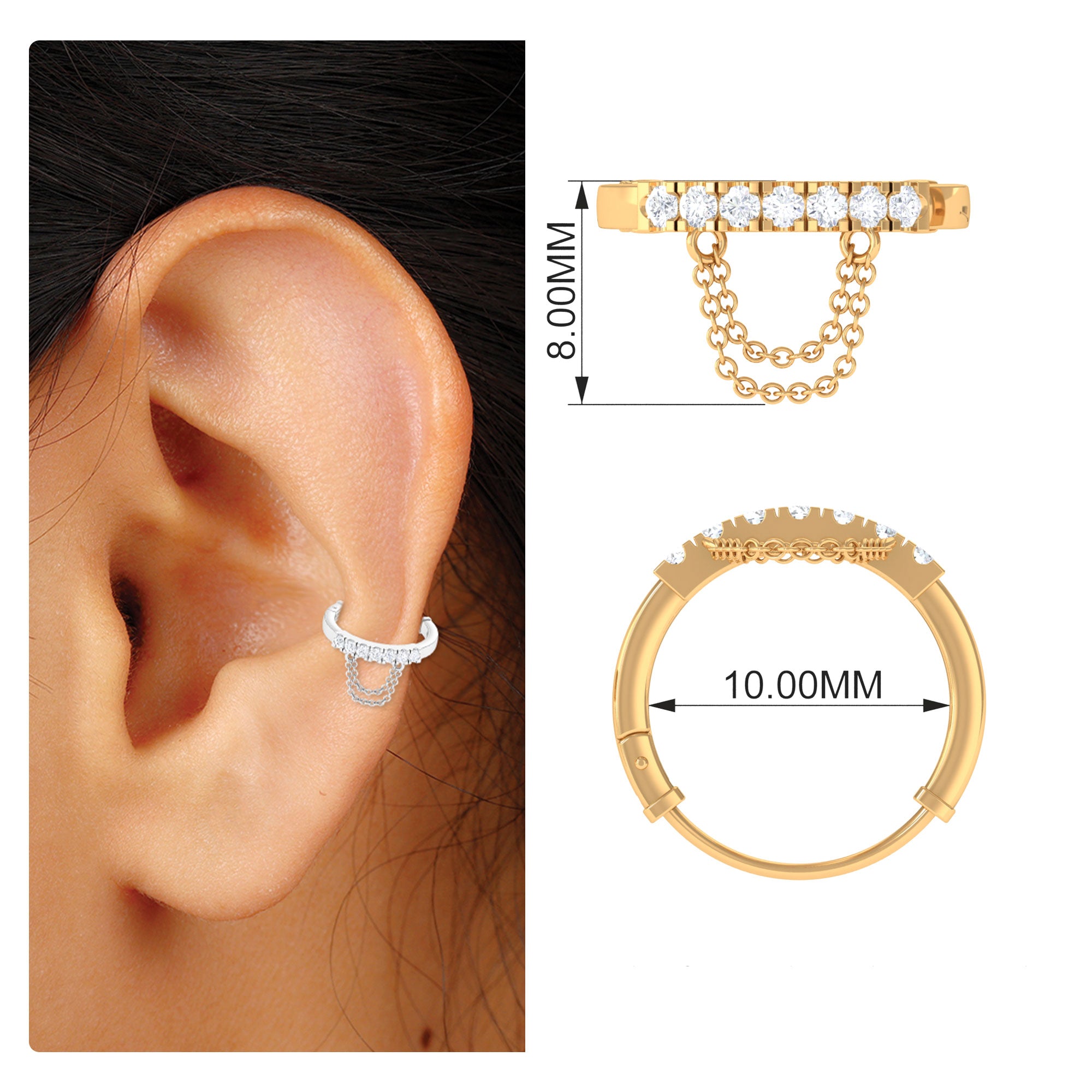 Rosec Jewels-Colorless Moissanite Conch Hoop Earring with Gold Dangle Chain