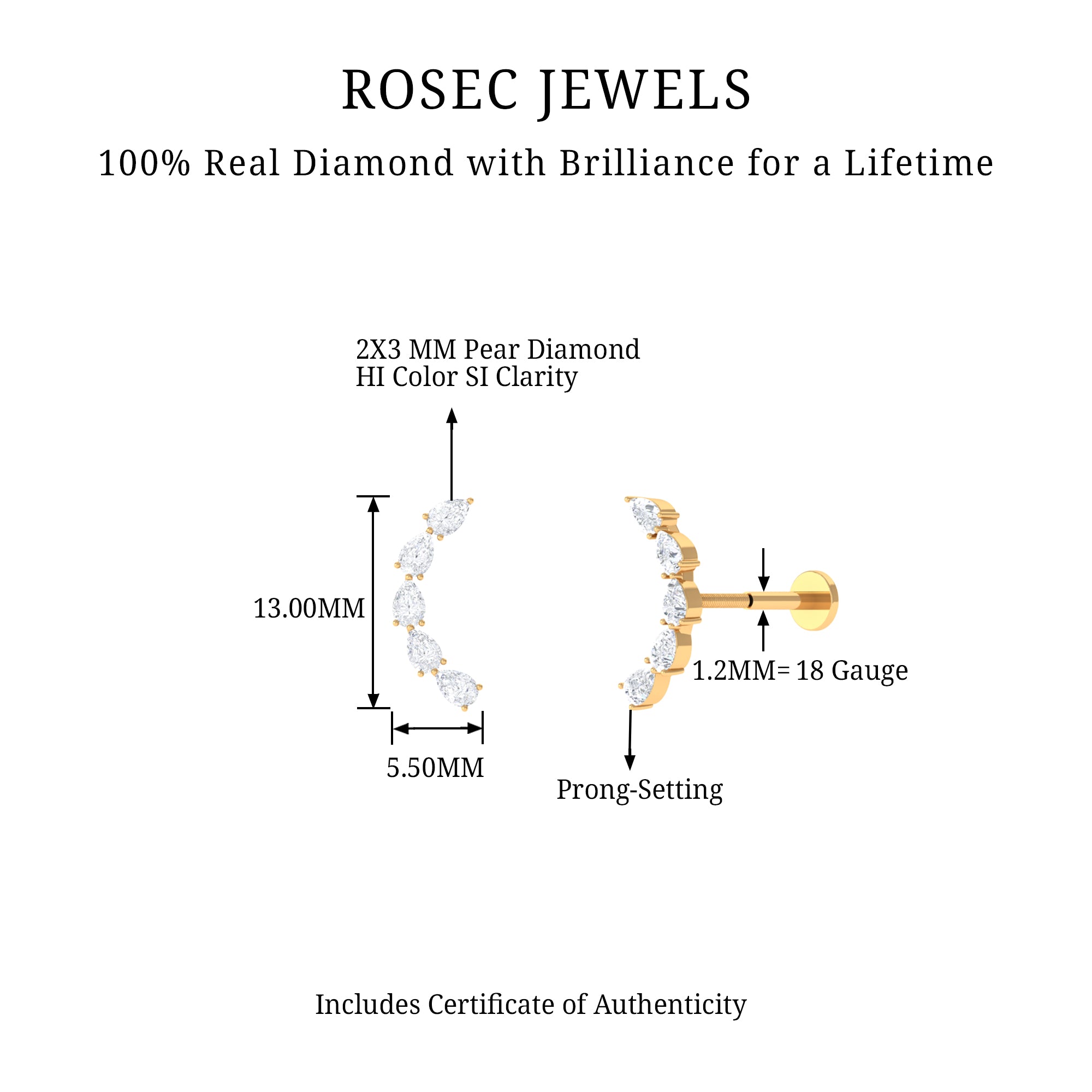 Rosec Jewels-Pear Shape Diamond Crawler Earring for Cartilage Piercing