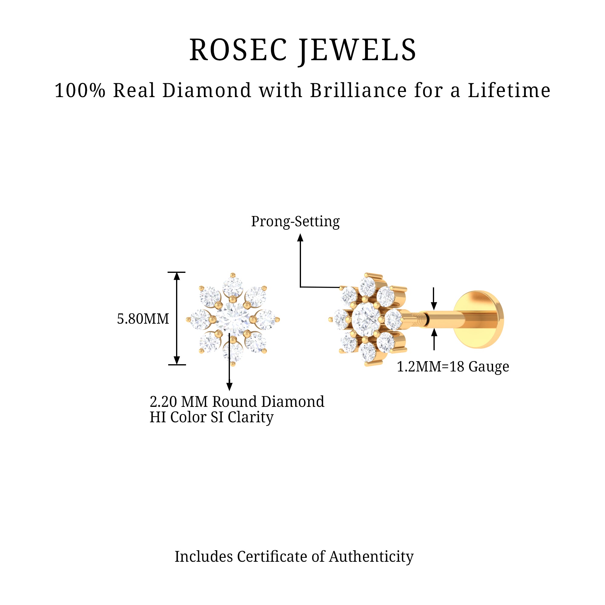 Rosec Jewels-Sparkling Diamond Flower Cartilage Earring with Flat Back