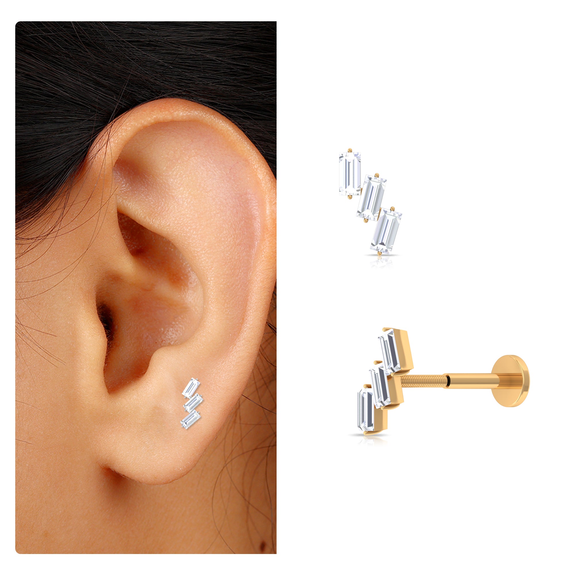 Rosec Jewels-Baguette Diamond Three Stone Earring for Helix Piercing