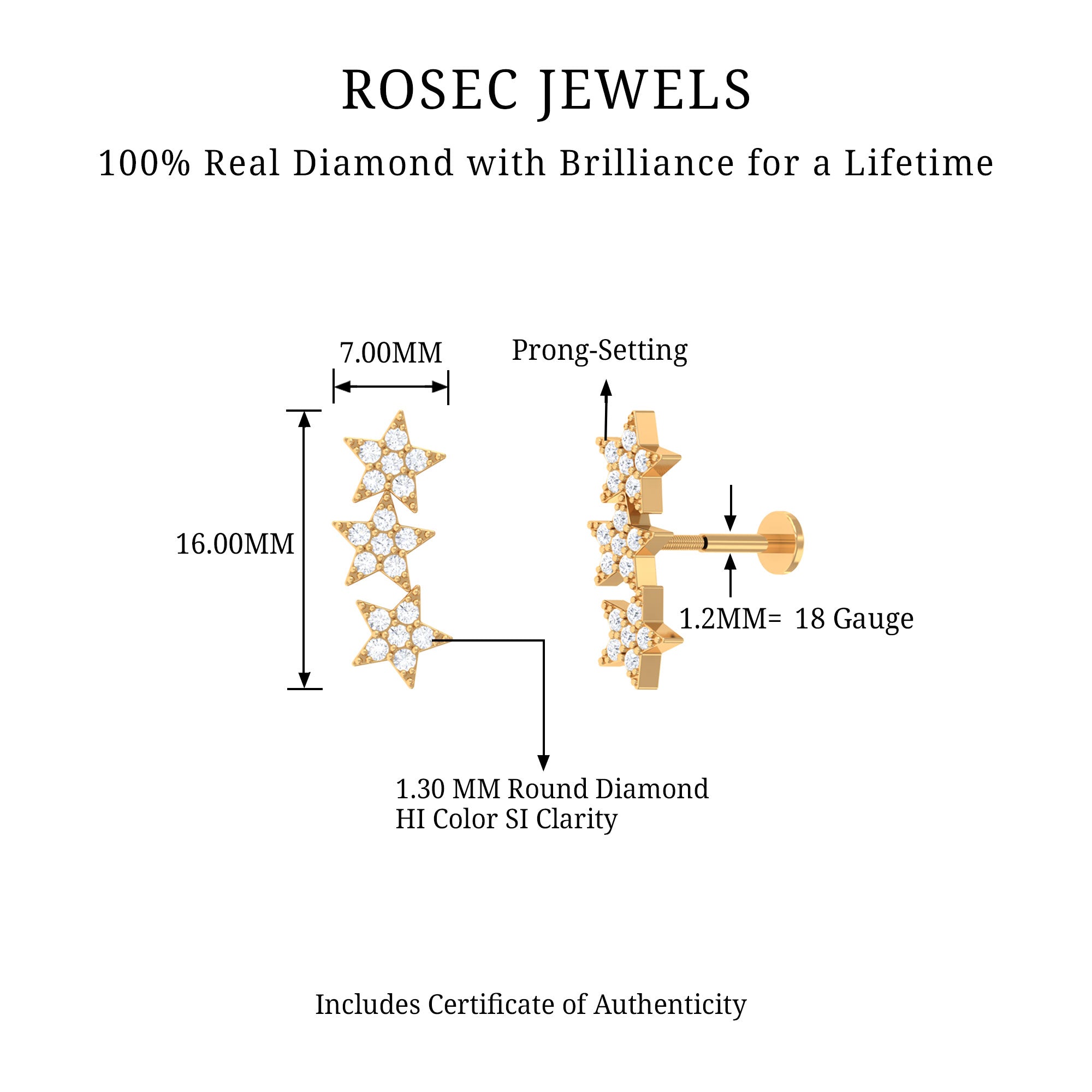 Rosec Jewels-Natural Diamond Star Crawler Earring for Cartilage Piercing