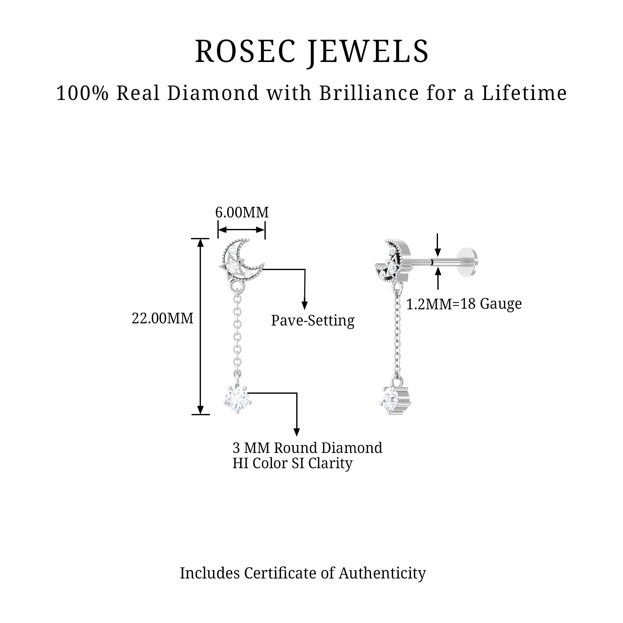 Rosec Jewels-Real Diamond Celestial Moon Chain Drop Earring