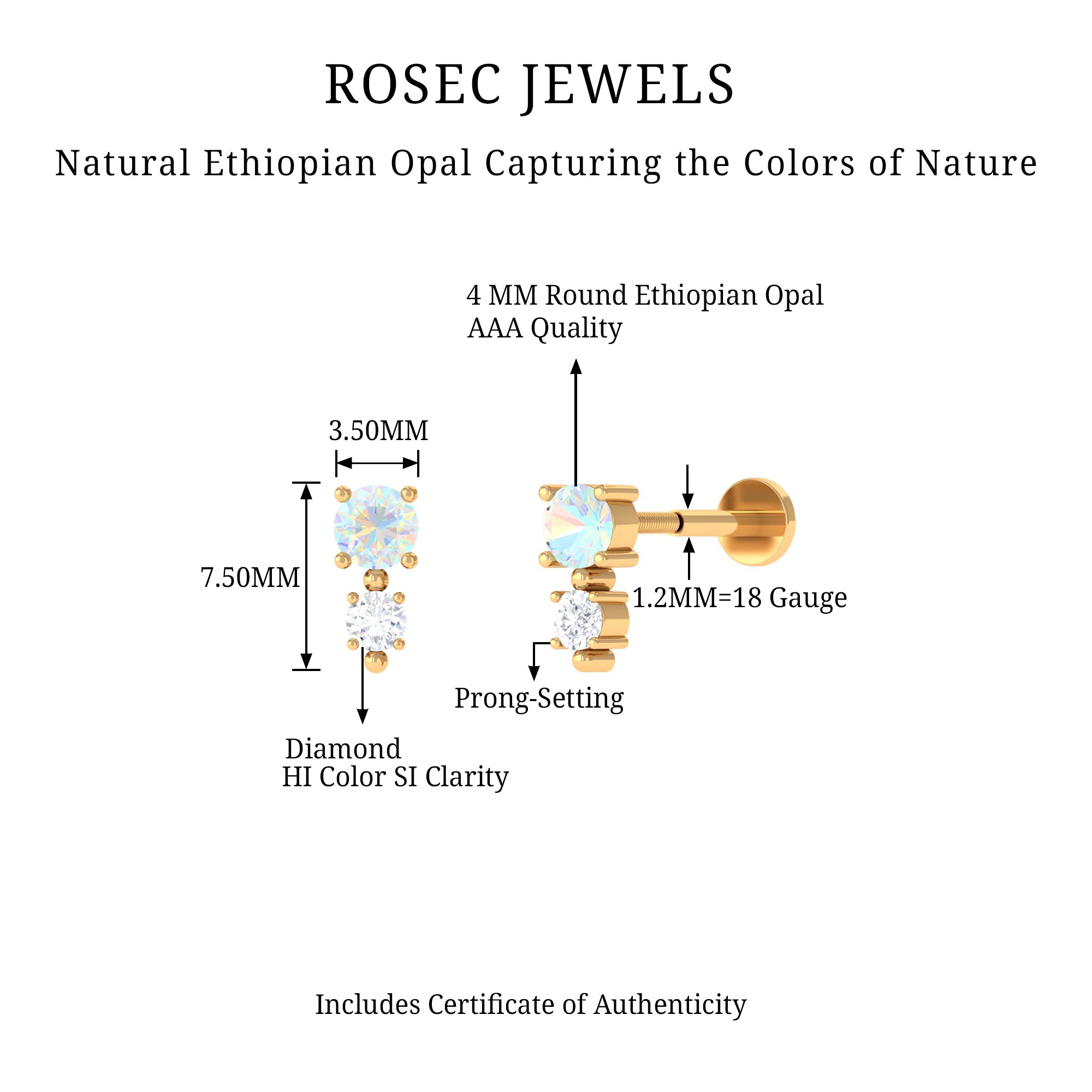 Rosec Jewels-Real Ethiopian Opal and Diamond Two Stone Tragus Earring