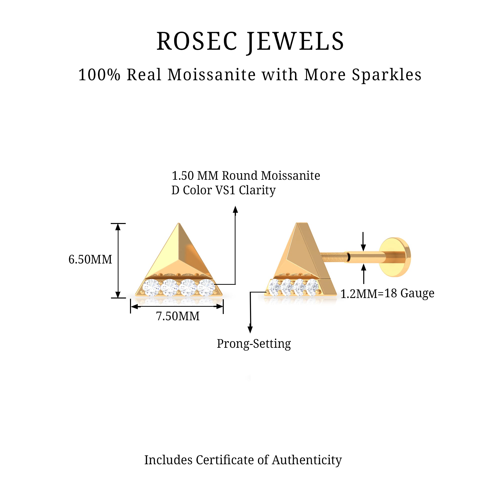 Rosec Jewels-Moissanite Gold Triangle Earring for Cartilage Piercing