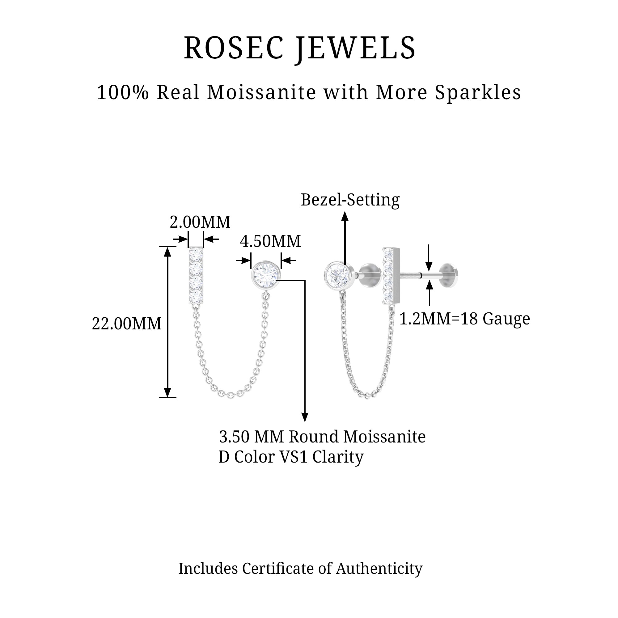 Rosec Jewels-Round Moissanite Bar Chain Earring for Double Piercing