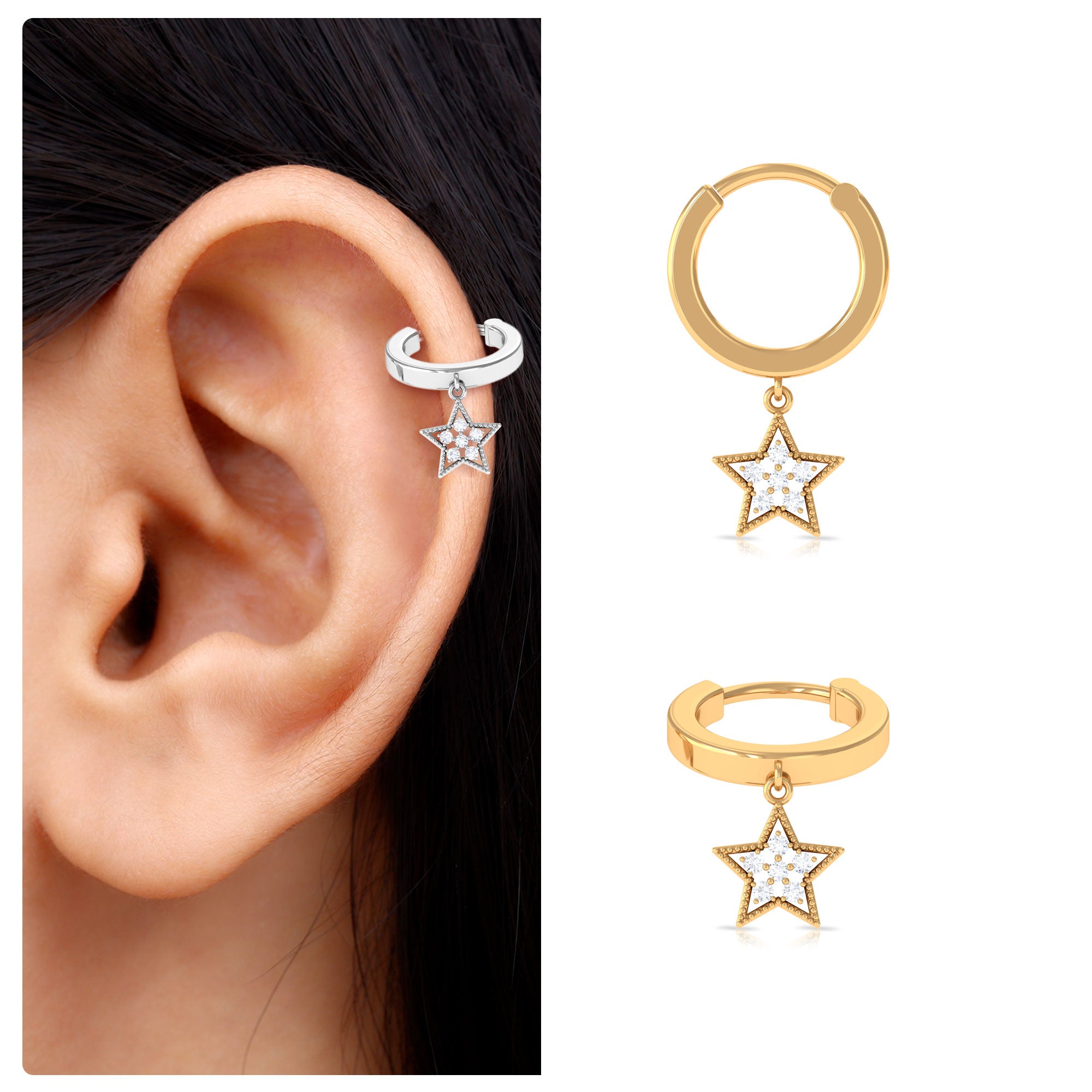 Rosec Jewels-Round Diamond Star Drop Hoop Earring for Helix Piercing