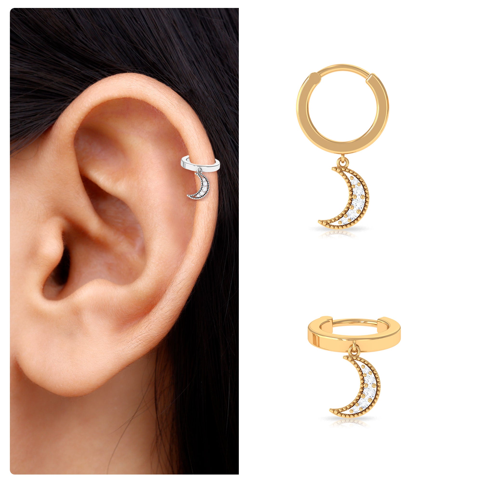 Rosec Jewels-Natural Diamond Moon Dangling Hoop Earring