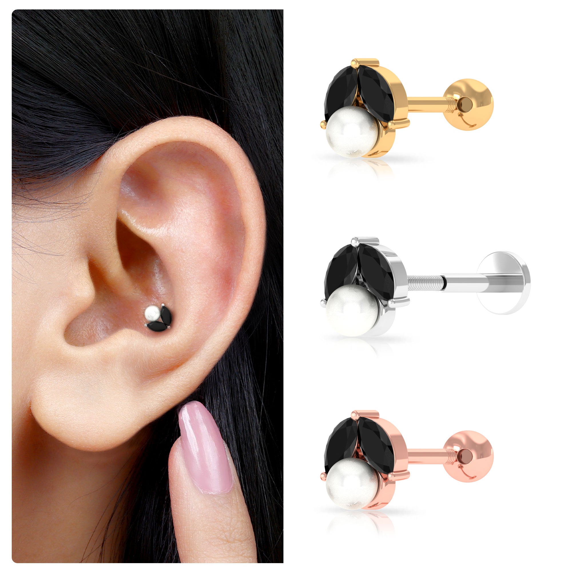 Rosec Jewels-Black Diamond and Freshwater Pearl Cartilage Earring