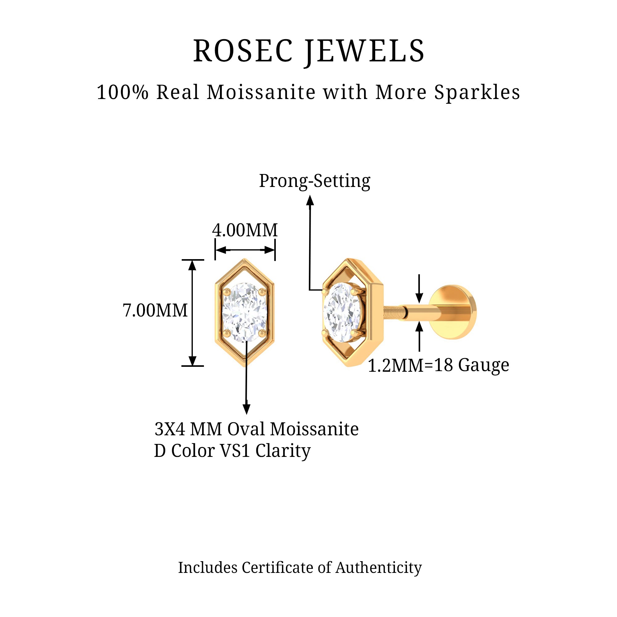 Rosec Jewels-Oval Cut Moissanite Solitaire Hexagon Helix Earring