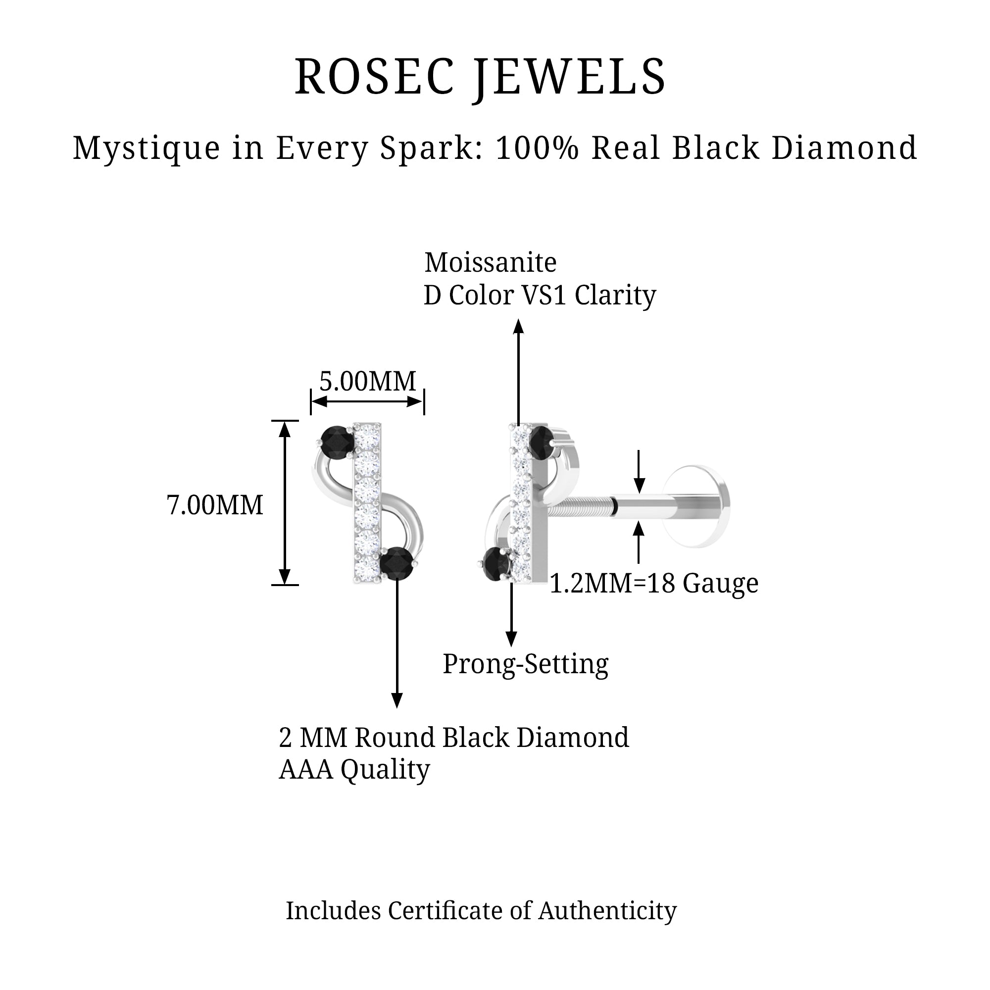 Rosec Jewels-Black Diamond and Moissanite Infinity Tragus Earring