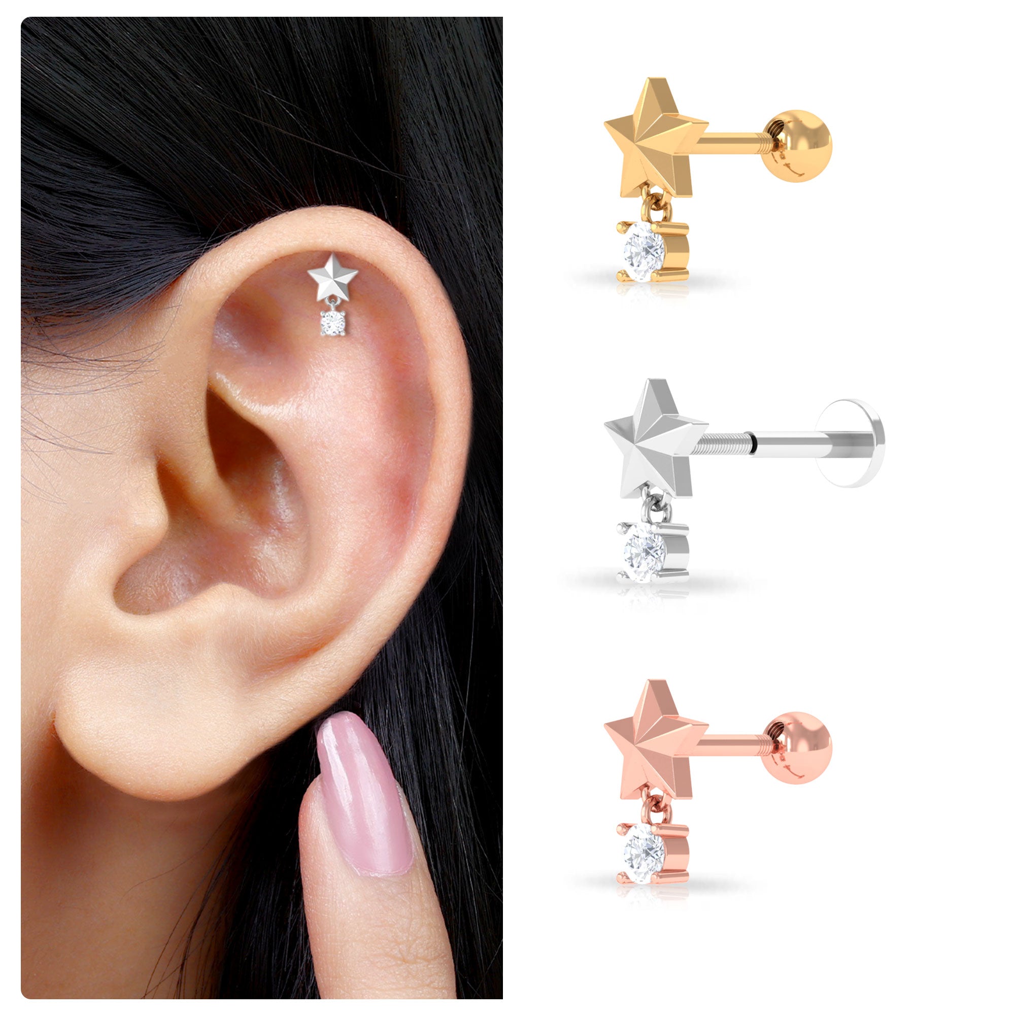 Rosec Jewels-Exquisite Diamond Star Drop Earring for Helix Piercing