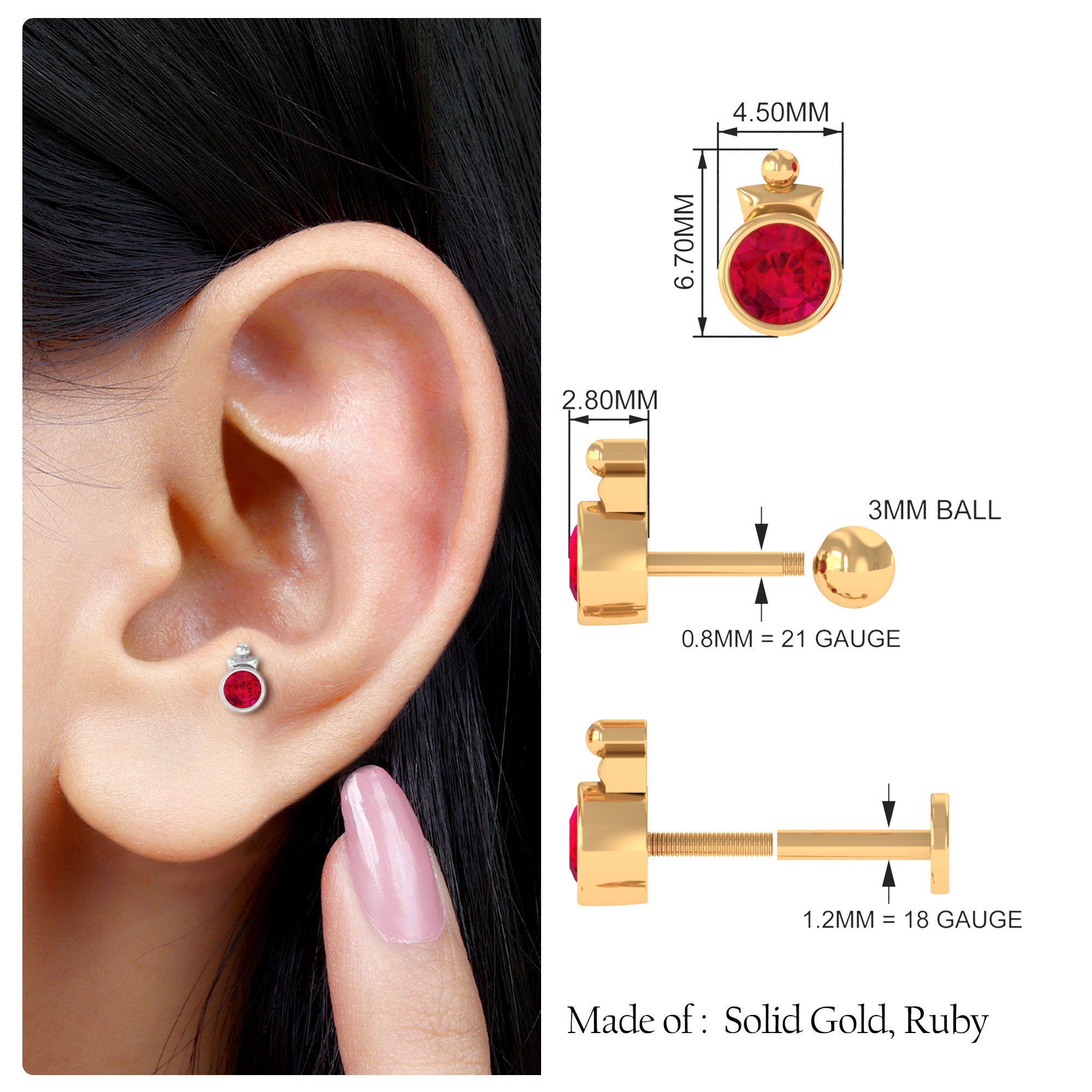 Rosec Jewels-Simple Bezel Set Red Ruby Solitaire Tragus Earring