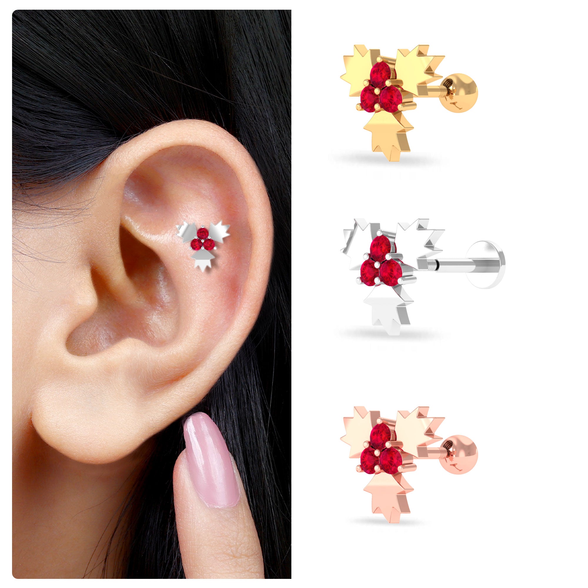 Rosec Jewels-Flower Ruby Christmas Holly Earring for Cartilage Piercing