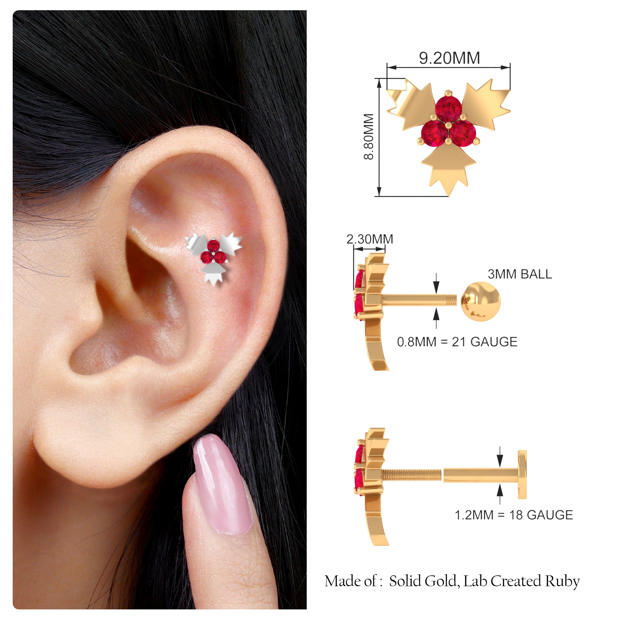 Rosec Jewels-Flower Ruby Christmas Holly Earring for Cartilage Piercing