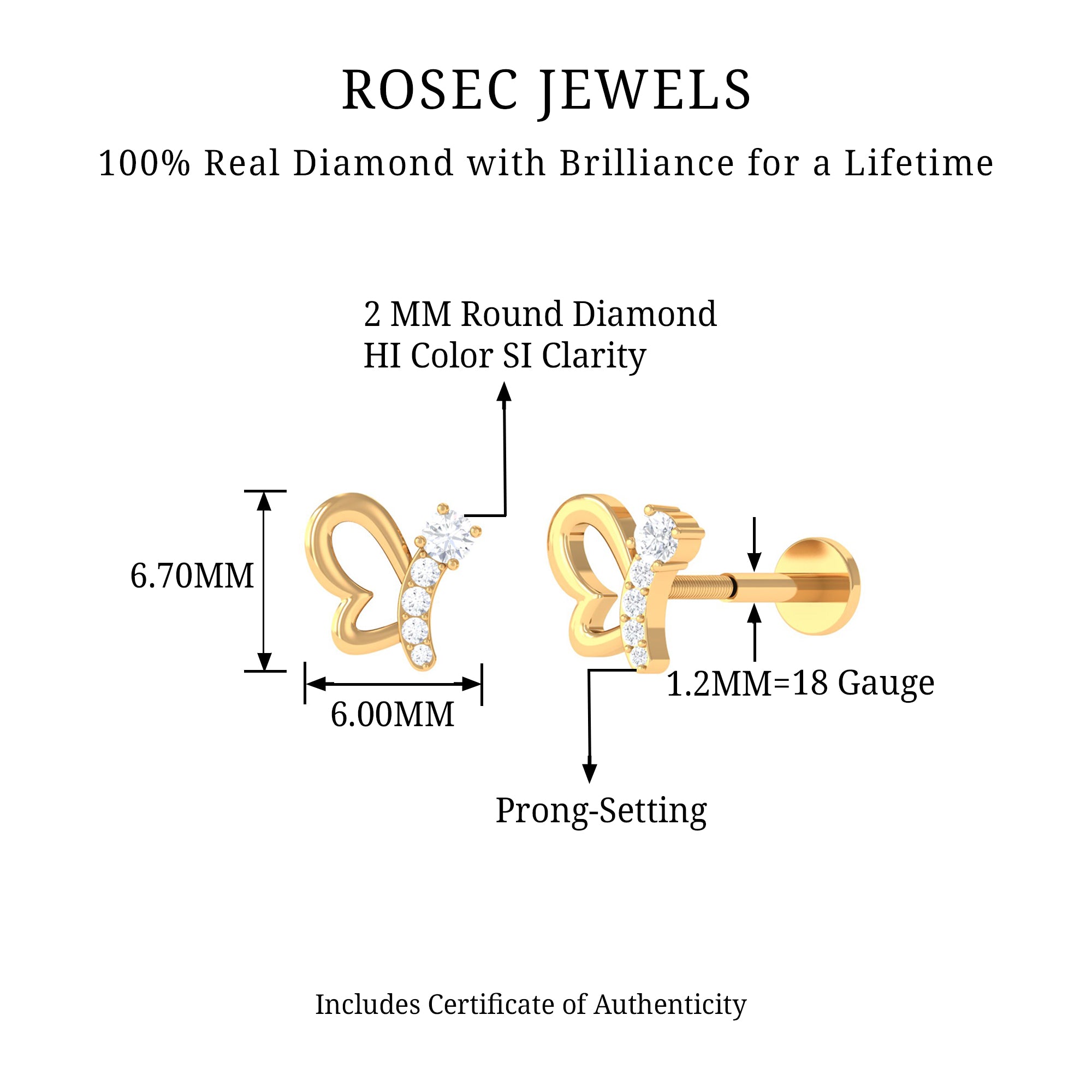 Rosec Jewels-Real Diamond Butterfly Earring for Cartilage Piercing