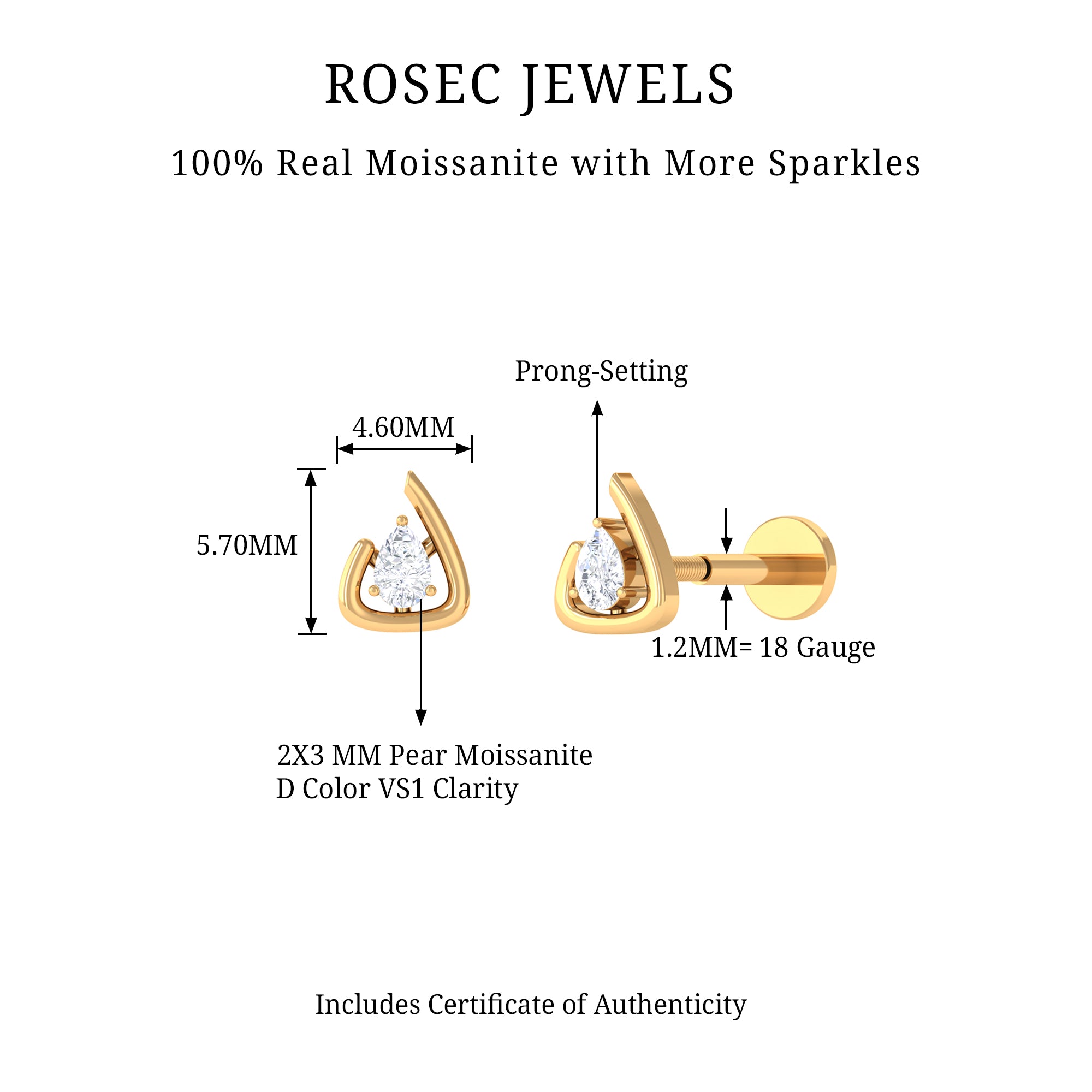 Rosec Jewels-Contemporary Pear Cut Moissanite Cartilage Earring